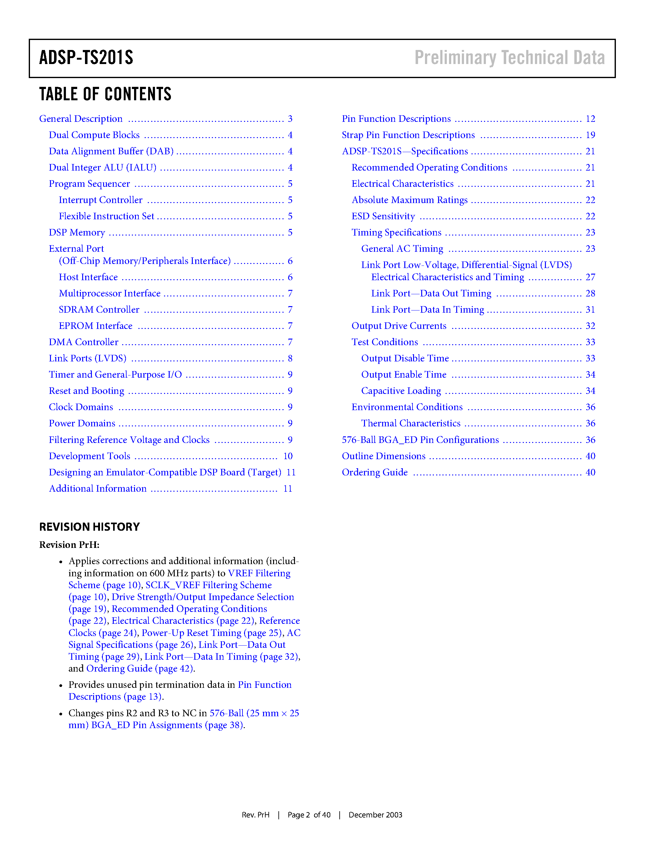 Datasheet ADSP-TS201S - TigerSHARC-R Embedded Processor page 2