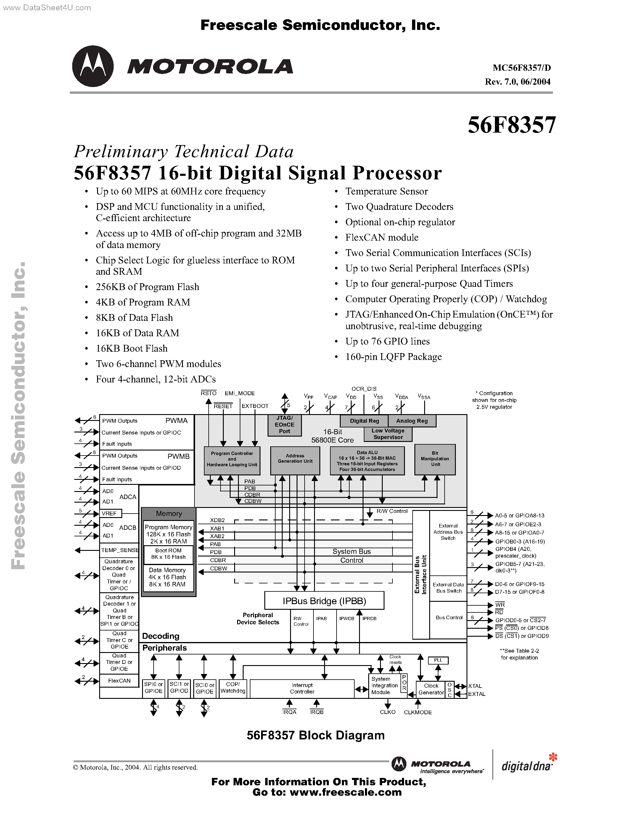 Даташит на микросхему MC56F8357 страница 1 Даташит MC56F8357 - 16-bit Digital Signal Processor страница 1