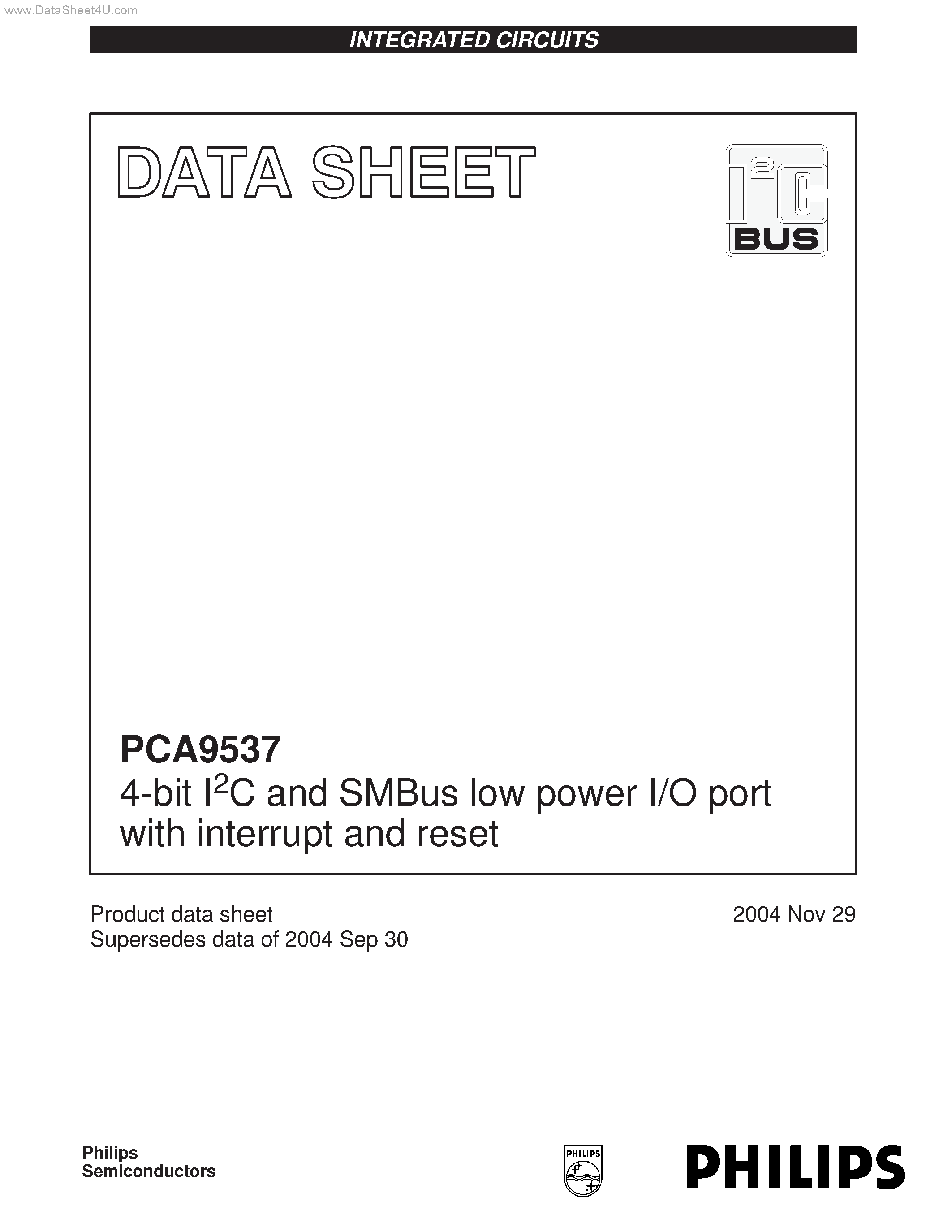 Даташит на микросхему PCA9537 страница 1 Даташит PCA9537 - 4-bit I2C and SMBus low power I/O port страница 1