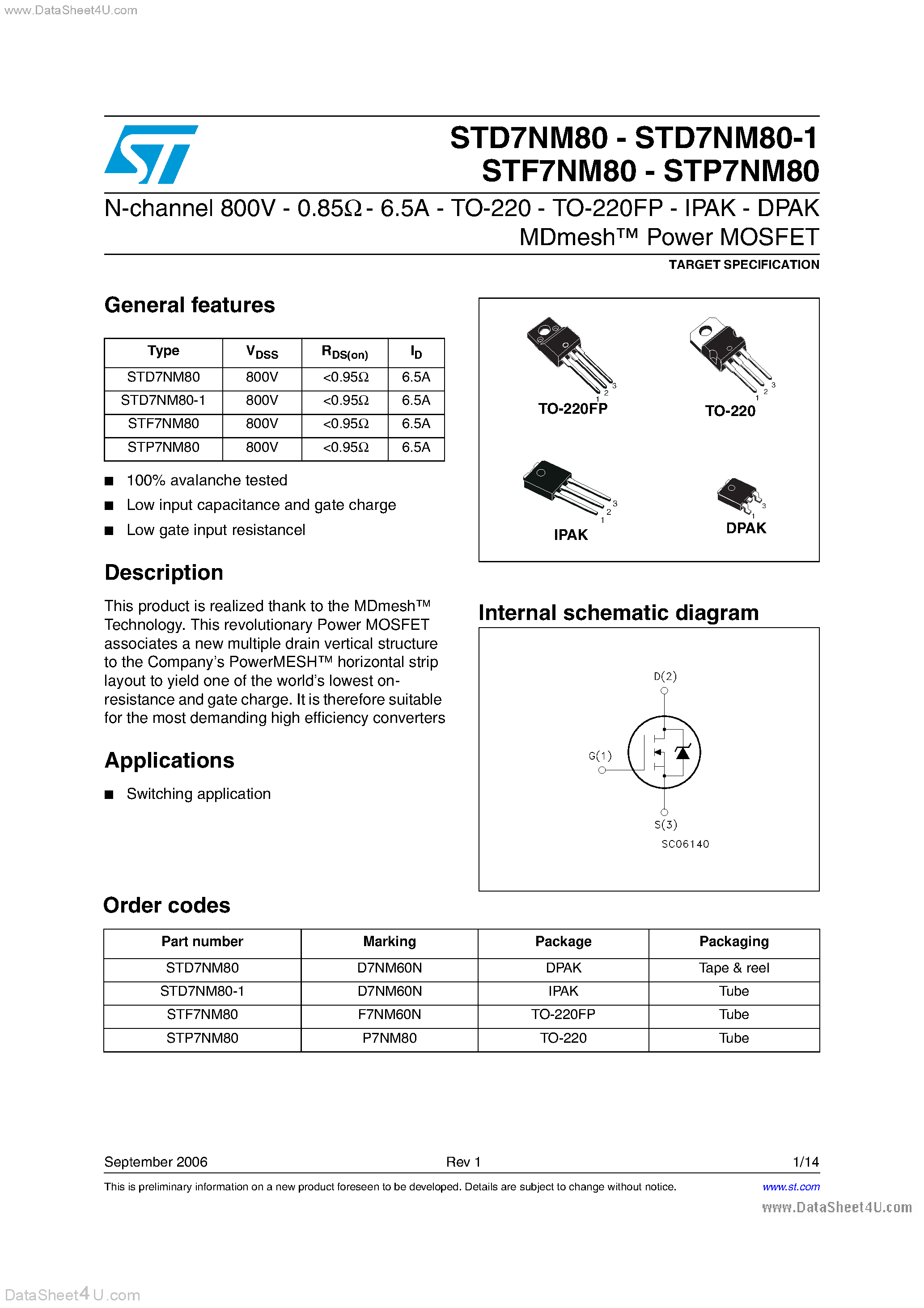 Datasheet STD7NM80 page 1 Datasheet STD7NM80 - N-CHANNEL MOSFET page 1