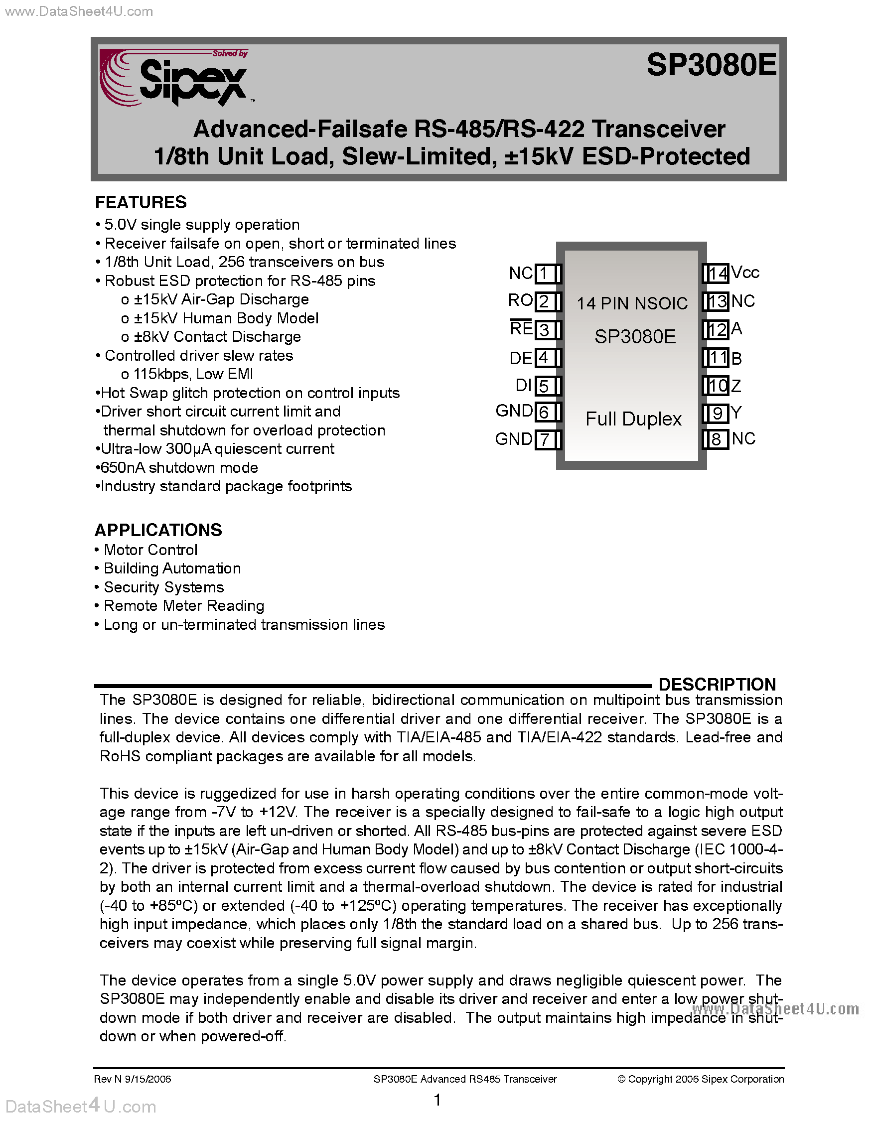 Даташит SP3080E - Advanced Failsafe Transceiver страница 1