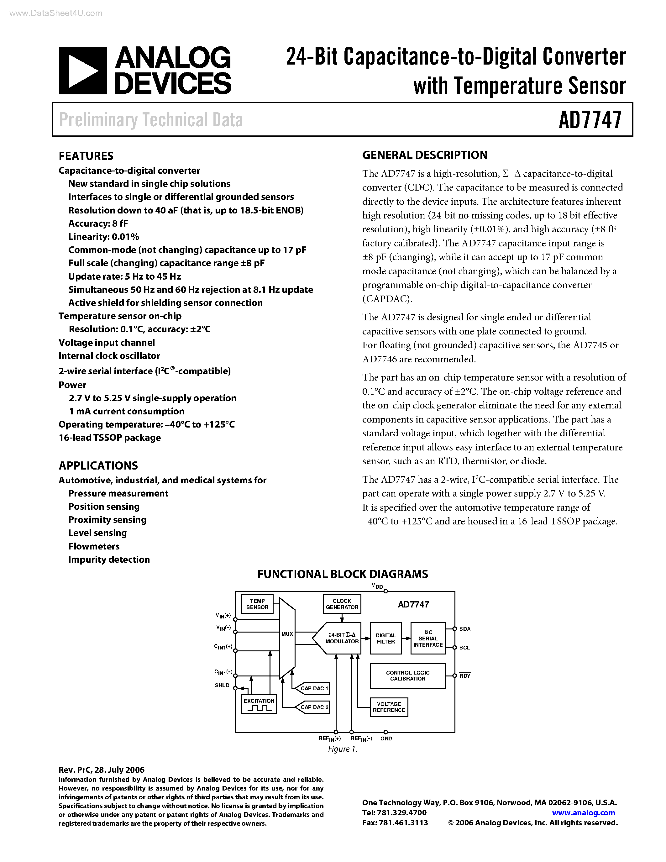 Datasheet AD7747 - 24-Bit Capacitance-to-Digital Converter page 1
