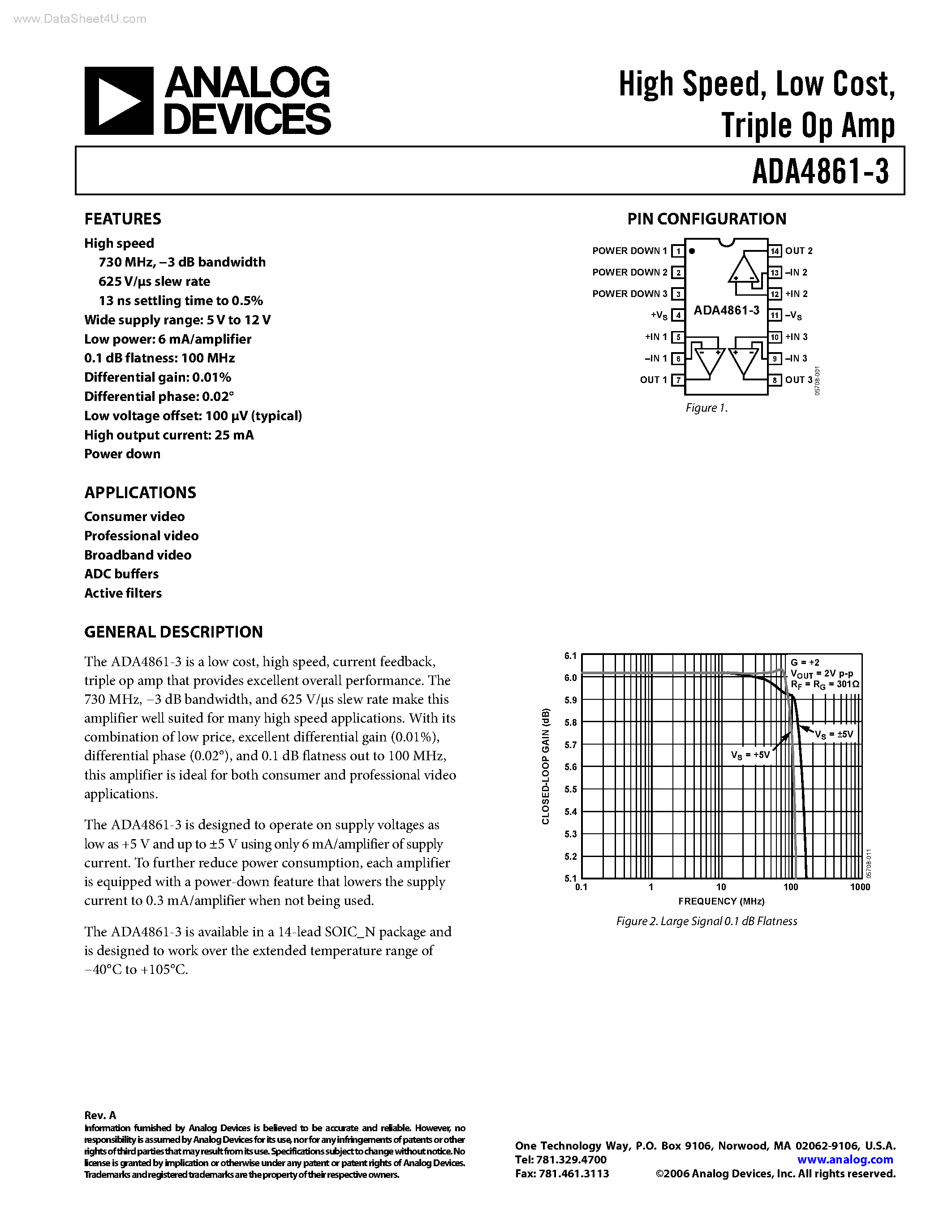Даташит на микросхему ADA4861-3 страница 1 Даташит ADA4861-3 - Triple Op Amp страница 1