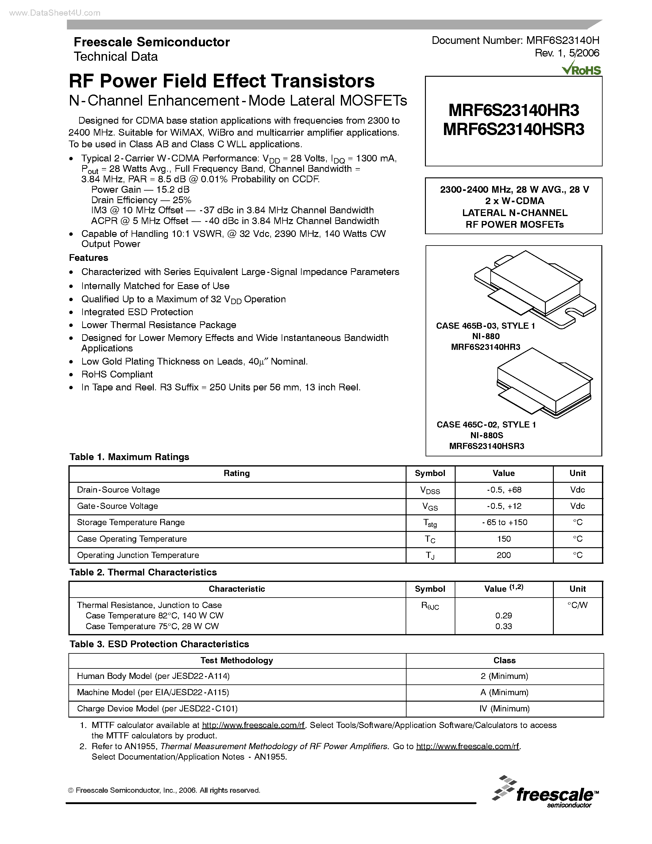 Datasheet MRF6S23140HR3 - RF Power Field Effect Transistors N-Channel Enhancement-Mode Lateral MOSFETs page 1
