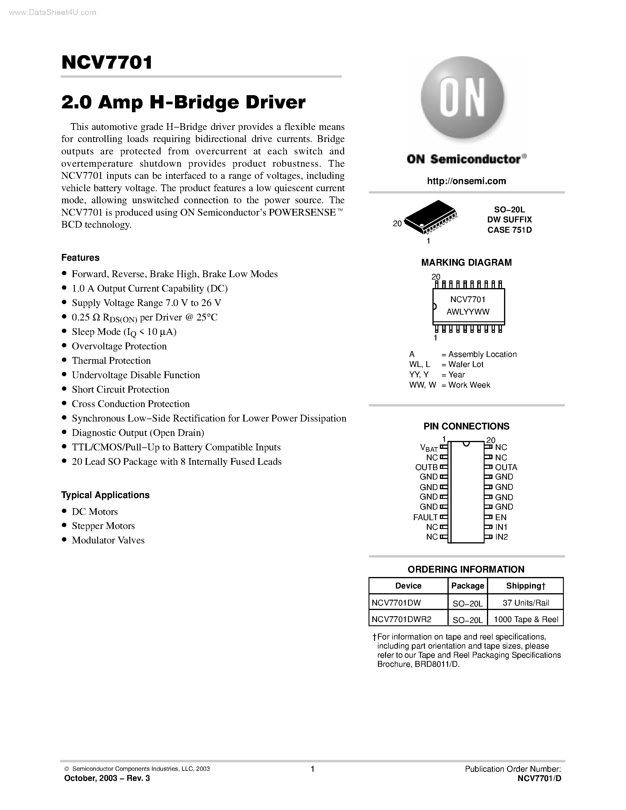 Datasheet NCV7701 page 1 Datasheet NCV7701 - 2.0 Amp H-Bridge Driver page 1