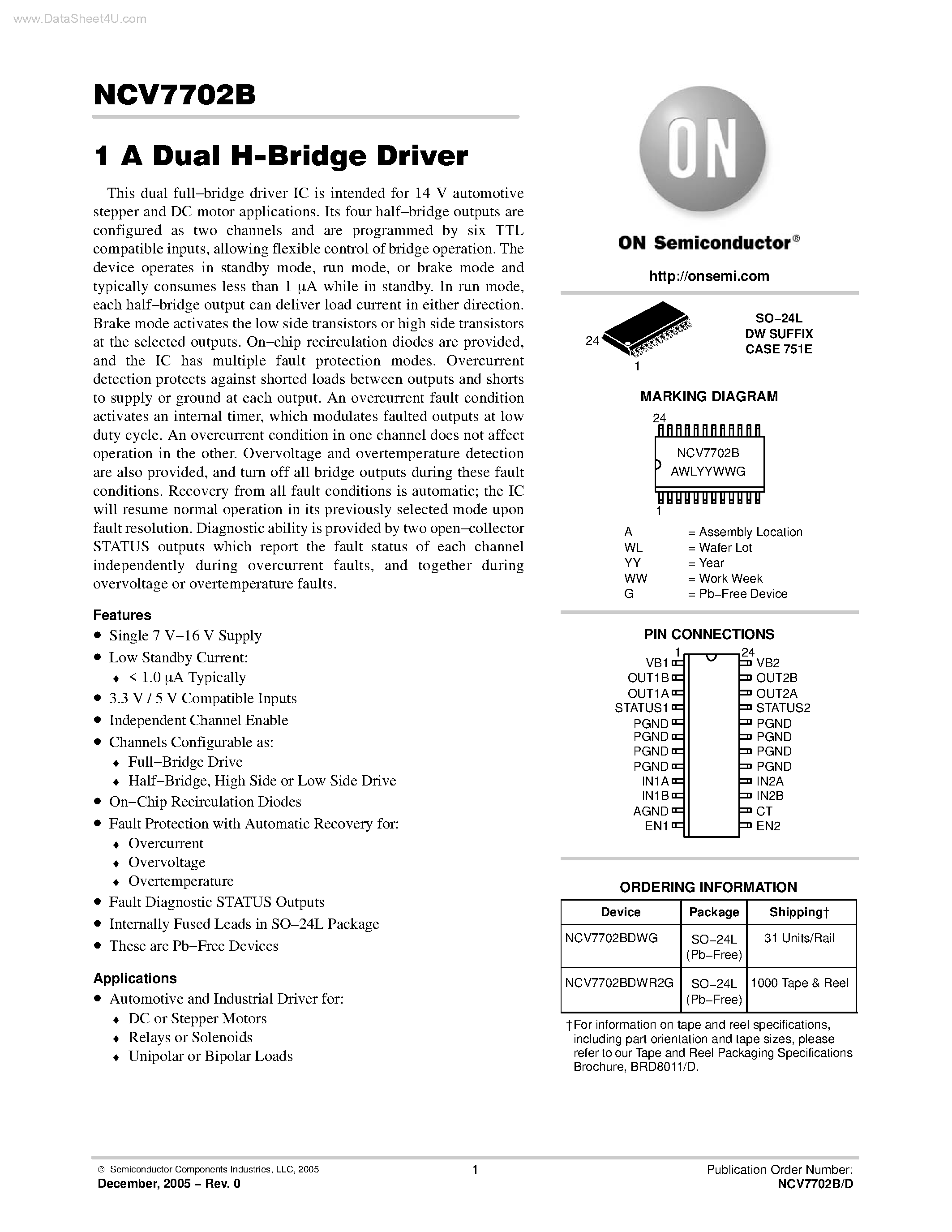 Datasheet NCV7702B page 1 Datasheet NCV7702B - Dual H-Bridge Driver page 1