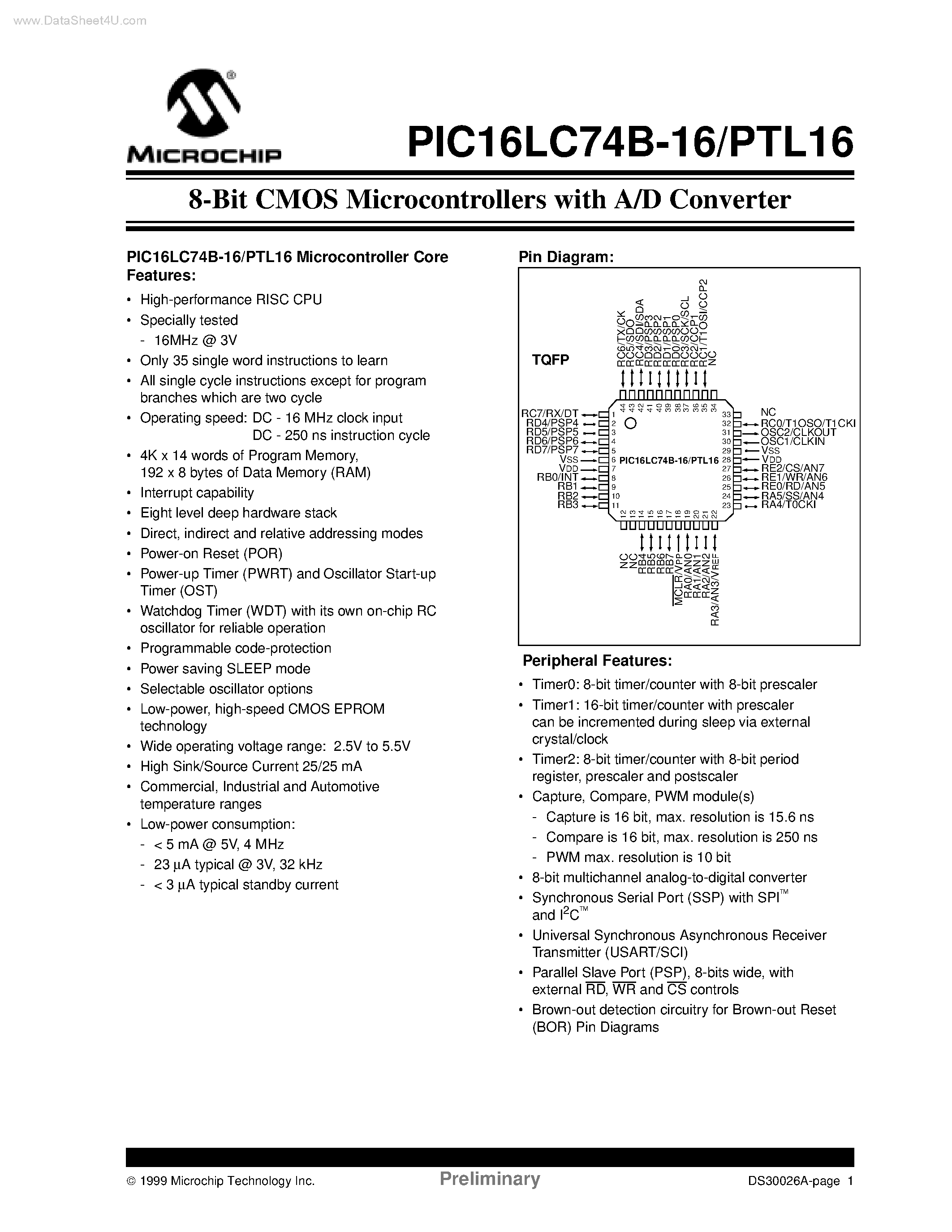 Даташит PIC16LC74B-16 - 8-Bit CMOS Microcontrollers страница 1