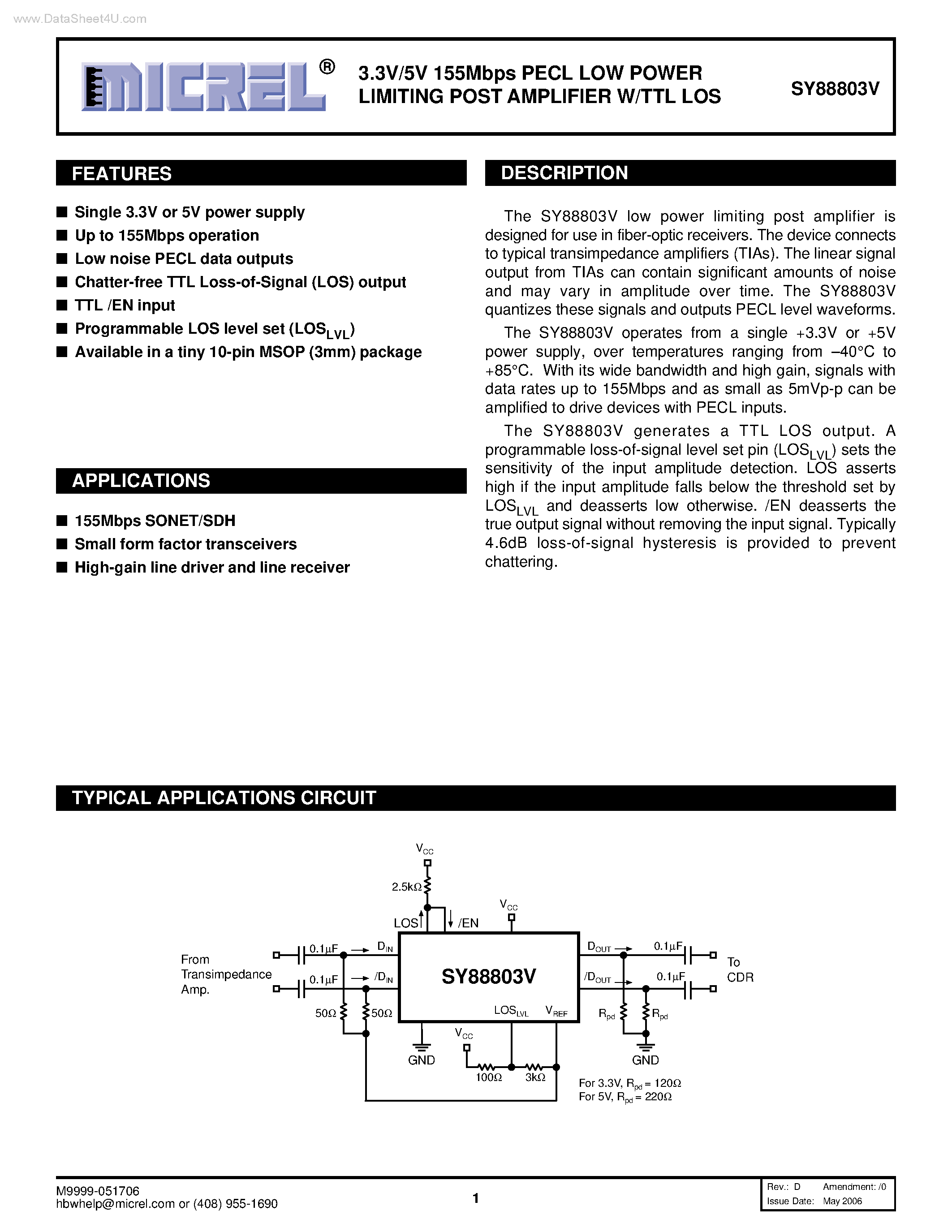 Даташит на микросхему SY88803V страница 1 Даташит SY88803V - PECL LOW POWER LIMITING POST AMPLIFIER W/TTL LOS страница 1