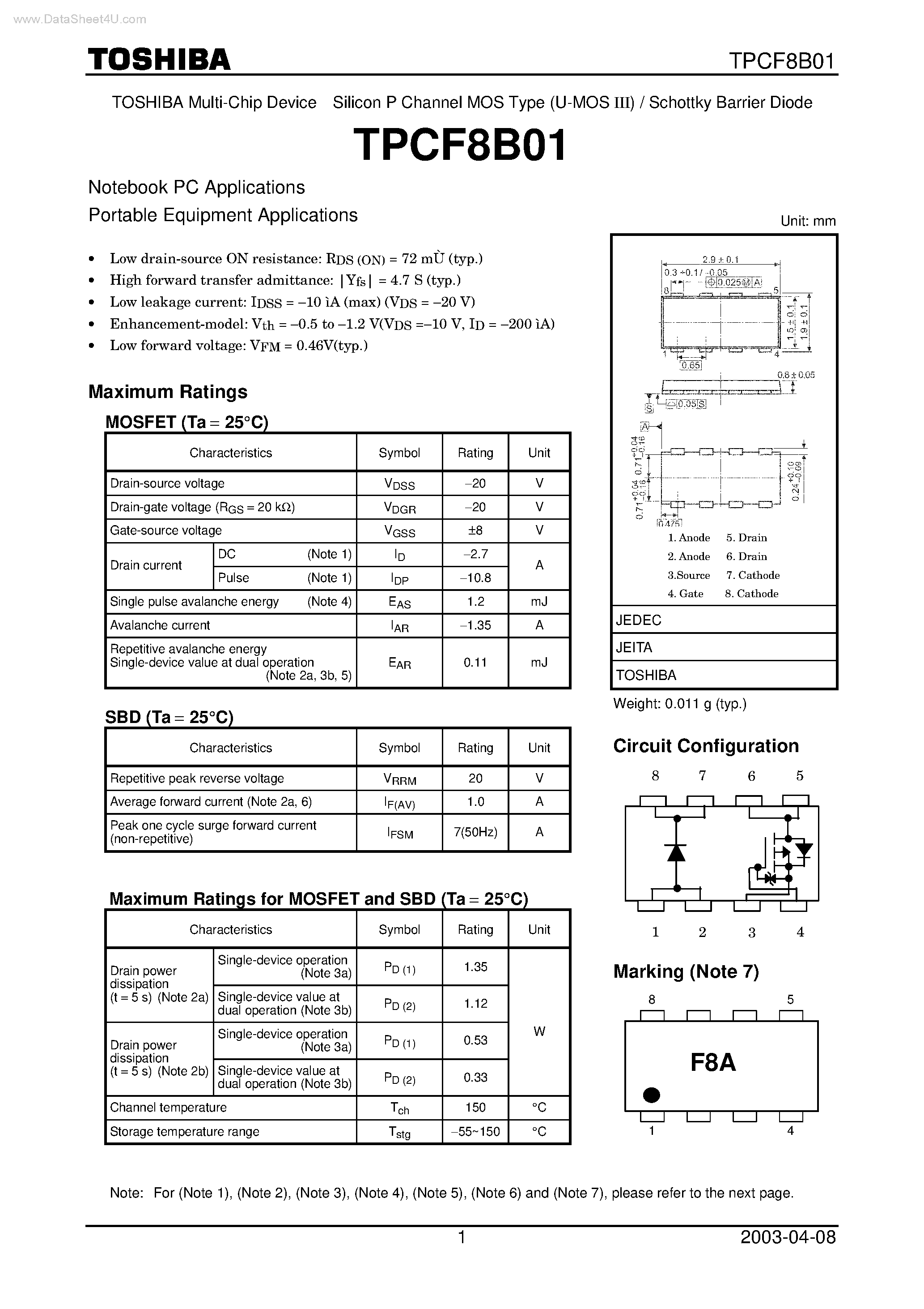Datasheet TPCF8B01 - Multi-Chip Device Silicon P Channel MOS Type page 1