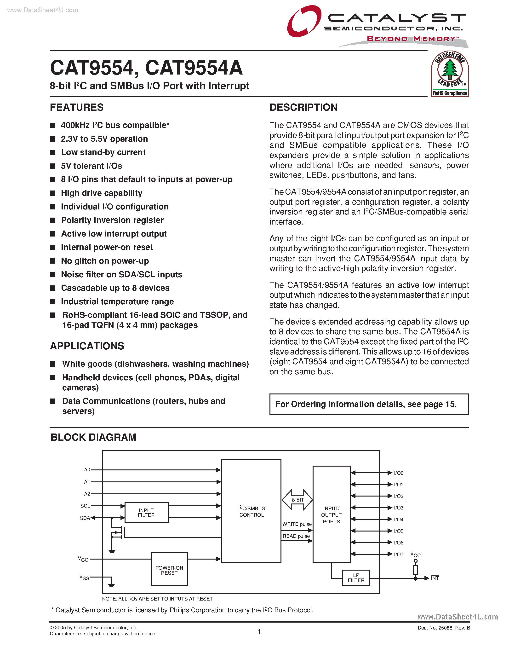 Datasheet CAT9554 - 8-Bit I2C and SMBus I/O Port page 1