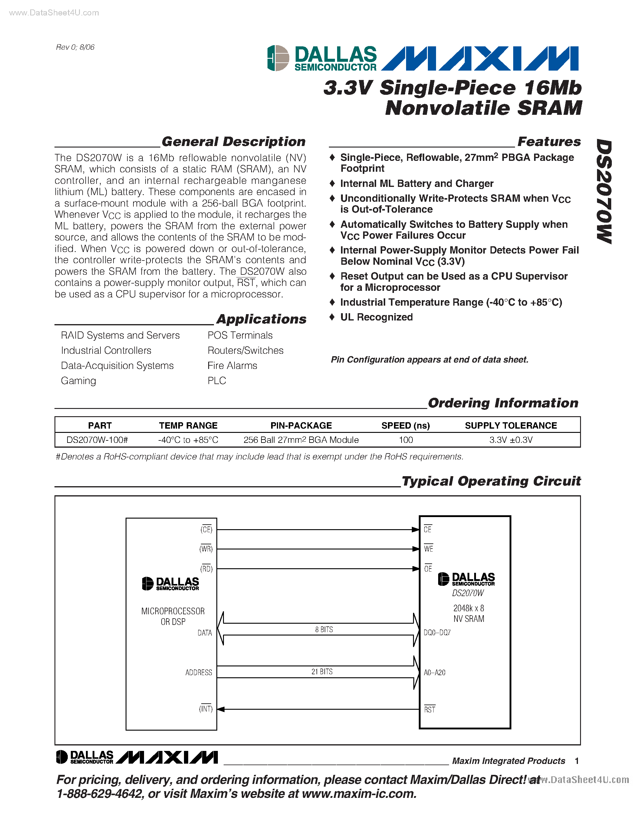 Datasheet DS2070W - 3.3V Single Piece 16Mb Nonvolatile SRAM page 1