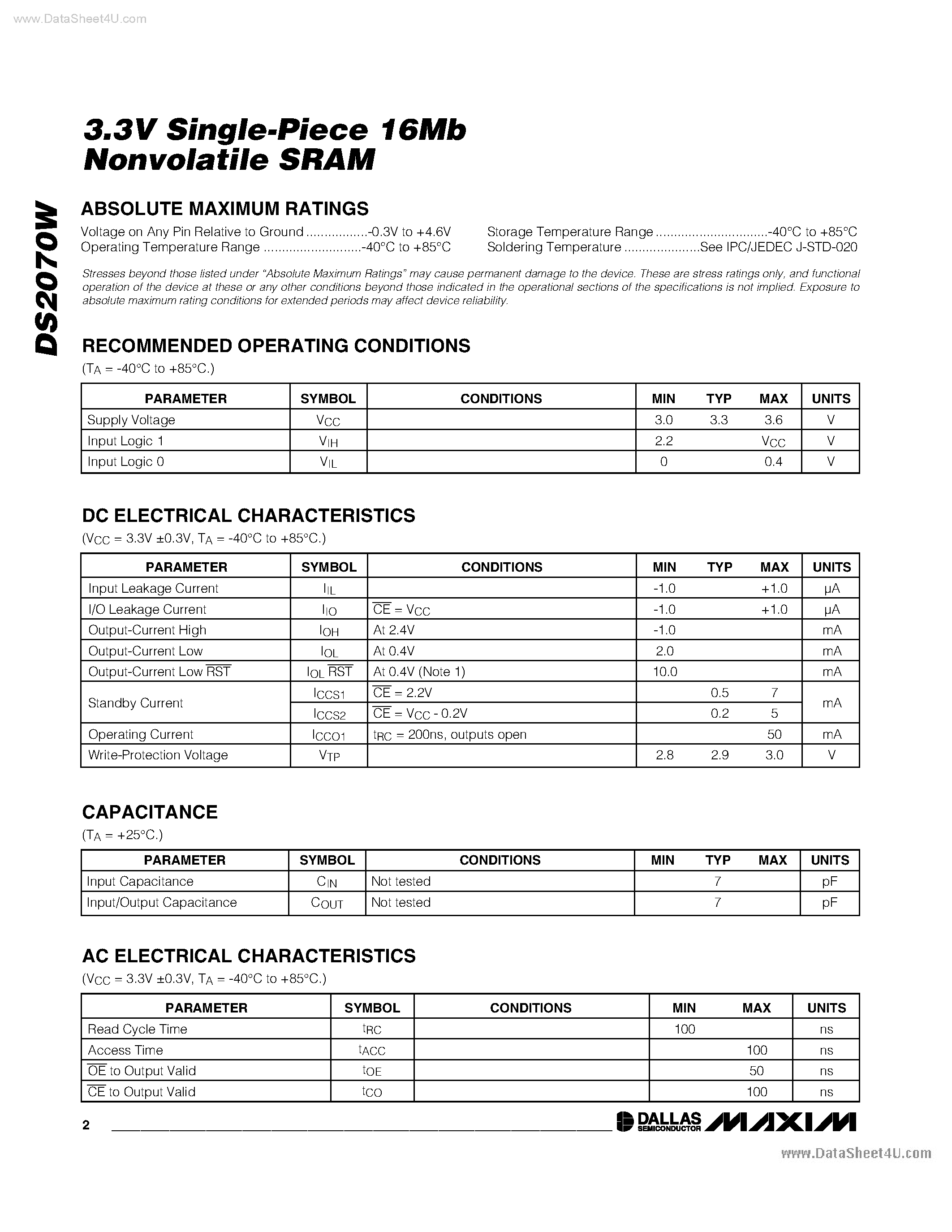 Datasheet DS2070W - 3.3V Single Piece 16Mb Nonvolatile SRAM page 2