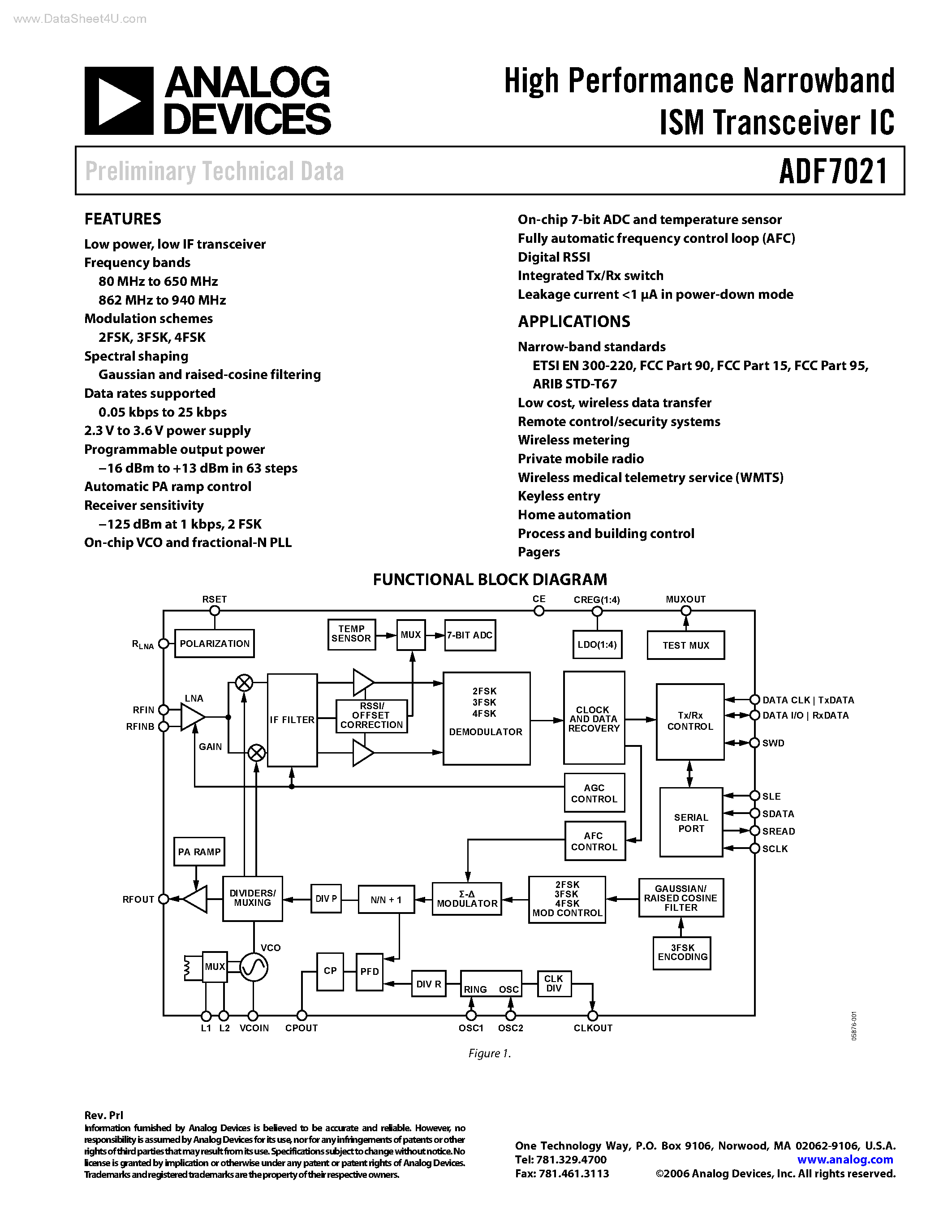 Даташит на микросхему ADF7021 страница 1 Даташит ADF7021 - High Performance Narrowband ISM Transceiver IC страница 1