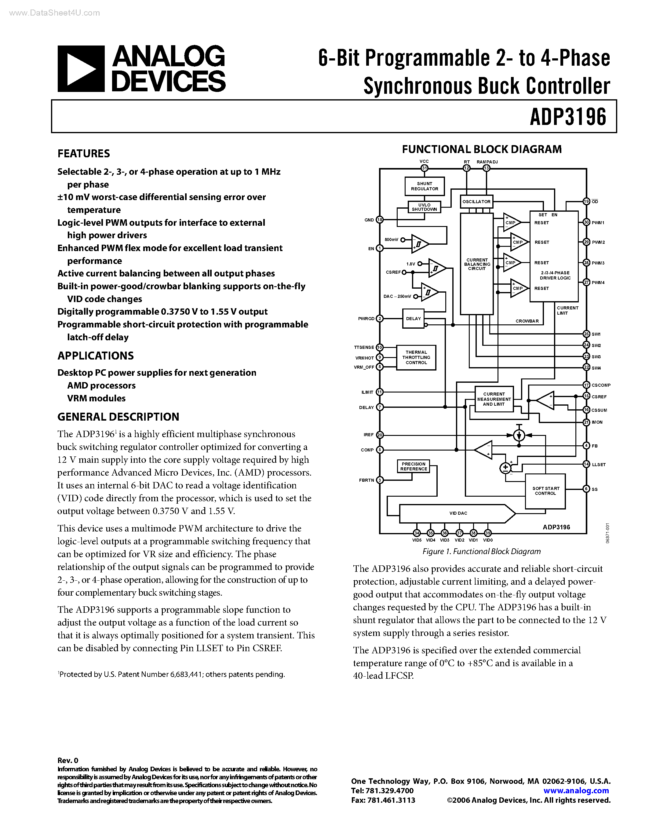 Datasheet ADP3196 - 6-Bit Programmable 2- to 4-Phase Synchronous Buck Controller page 1