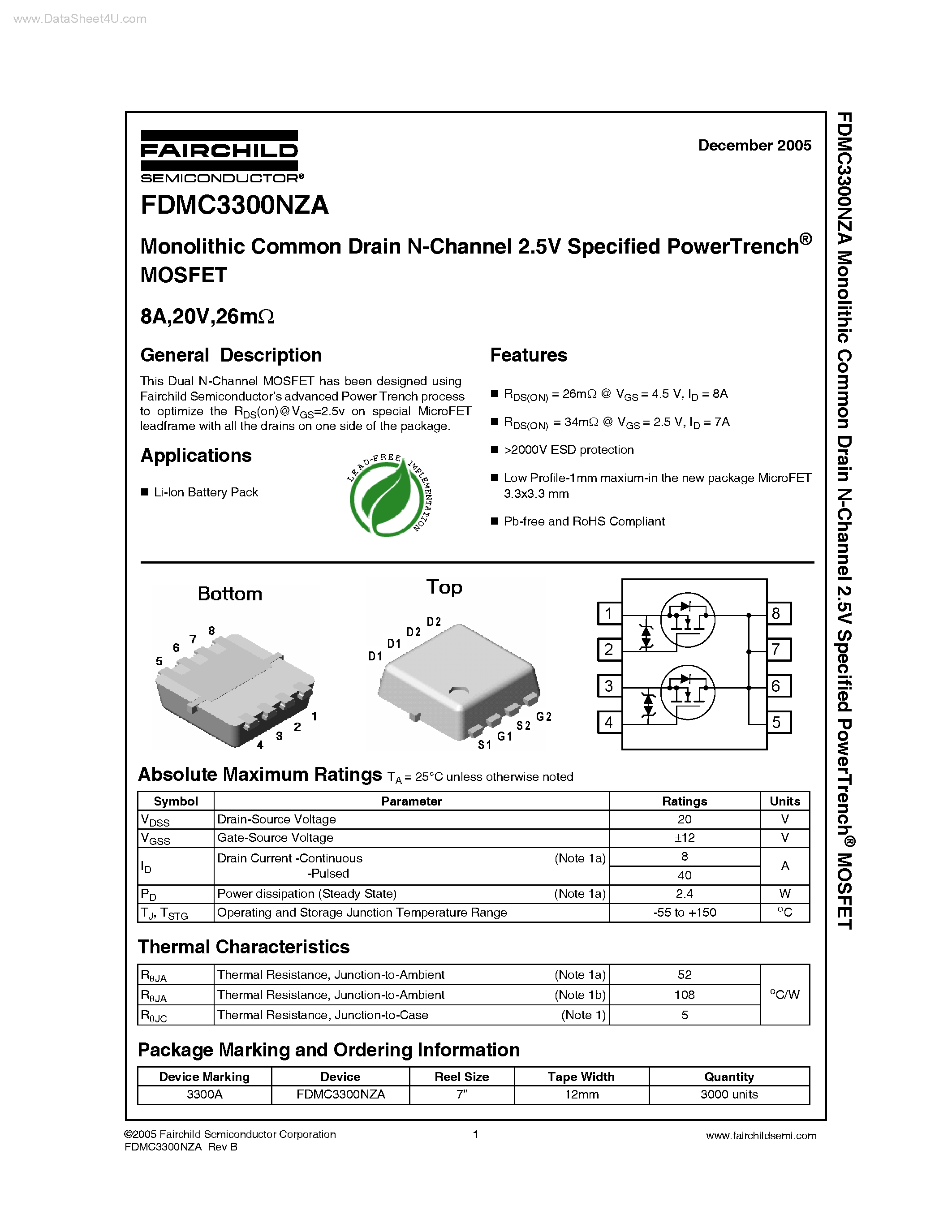 Datasheet FDMC3300NZA - Monolithic Common Drain N-Channel 2.5V Specified PowerTrench page 1
