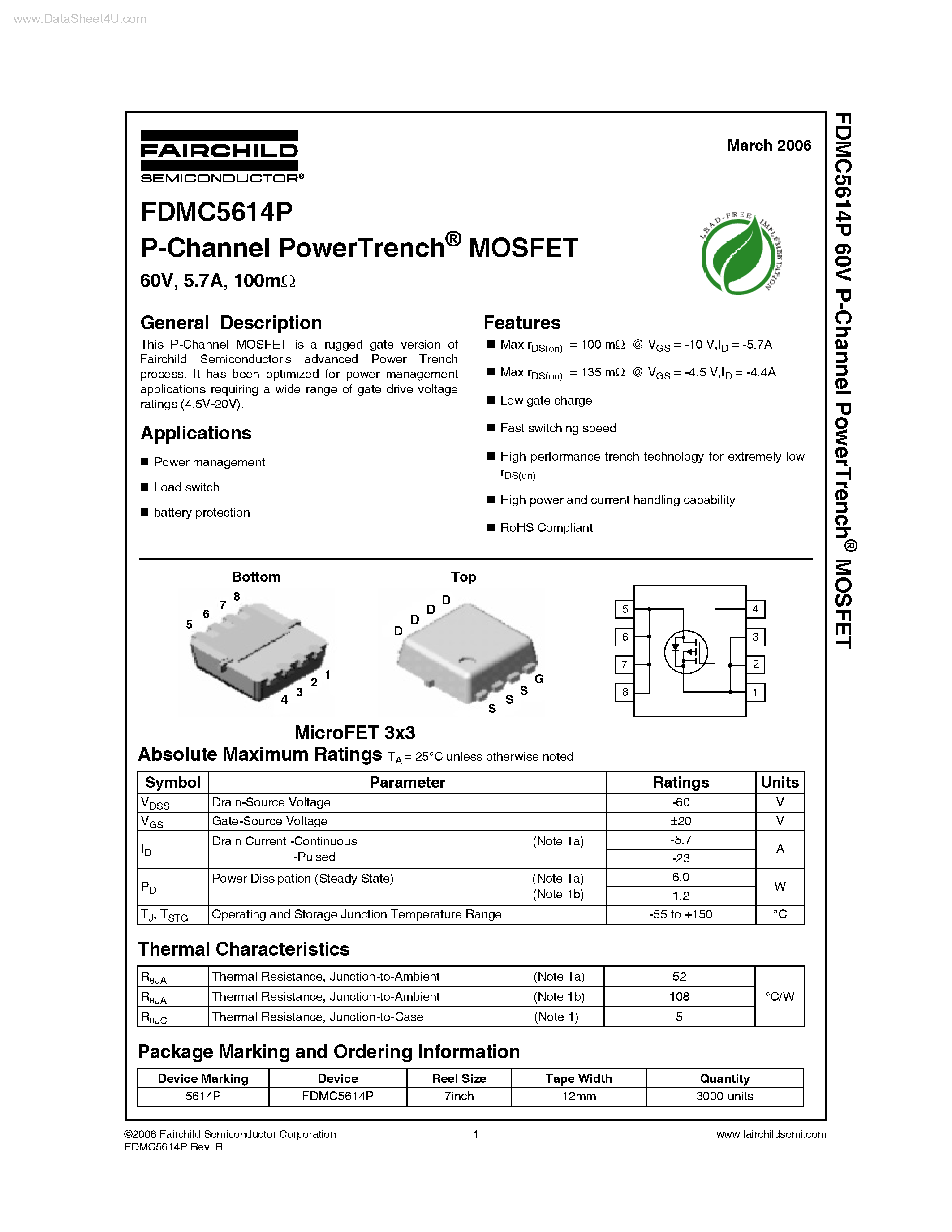 Datasheet FDMC5614P page 1 Datasheet FDMC5614P - P-Channel PowerTrench MOSFET page 1