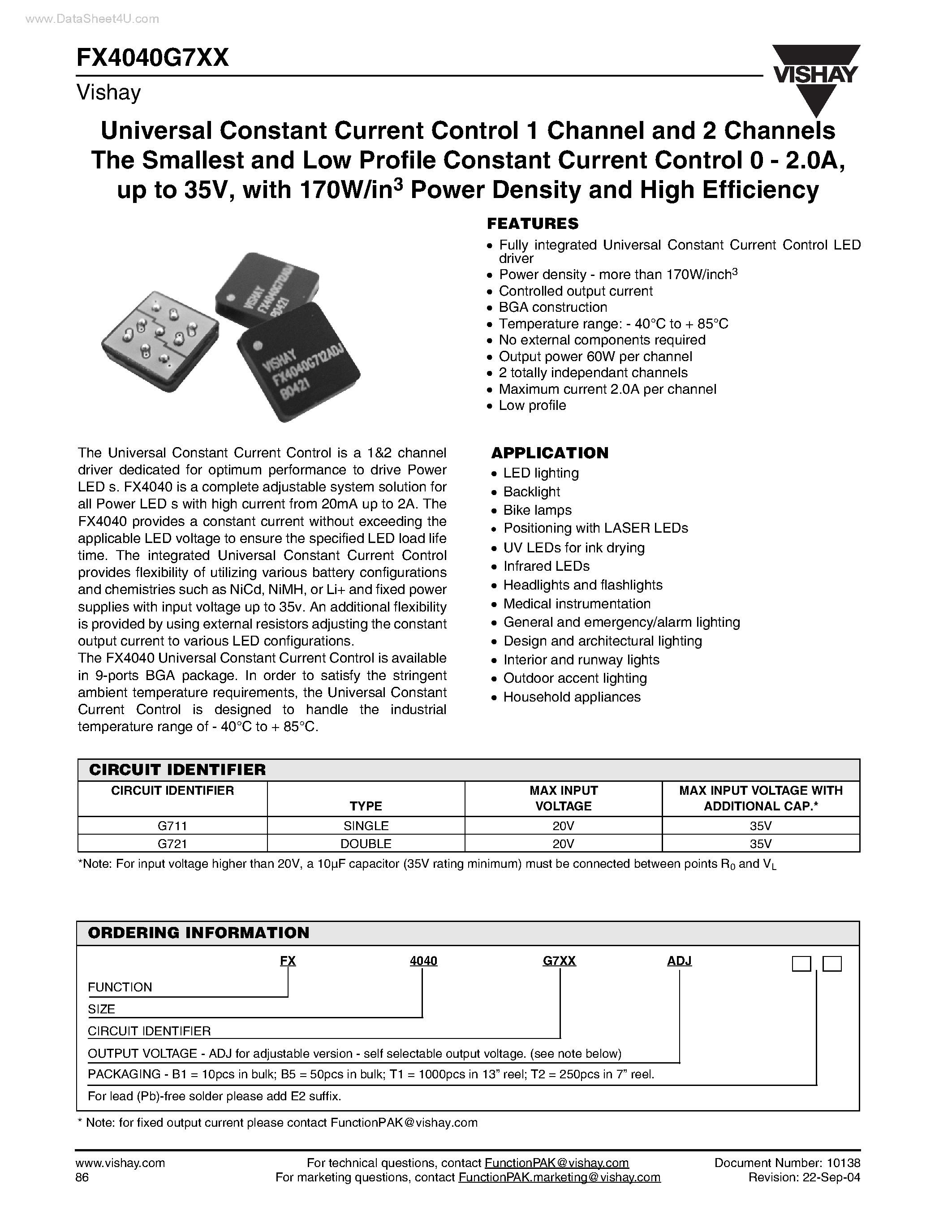 Даташит на микросхему FX4040G7xx страница 1 Даташит FX4040G7xx - Universal Constant Current Control 1 Channel and 2 Channels The Smallest страница 1