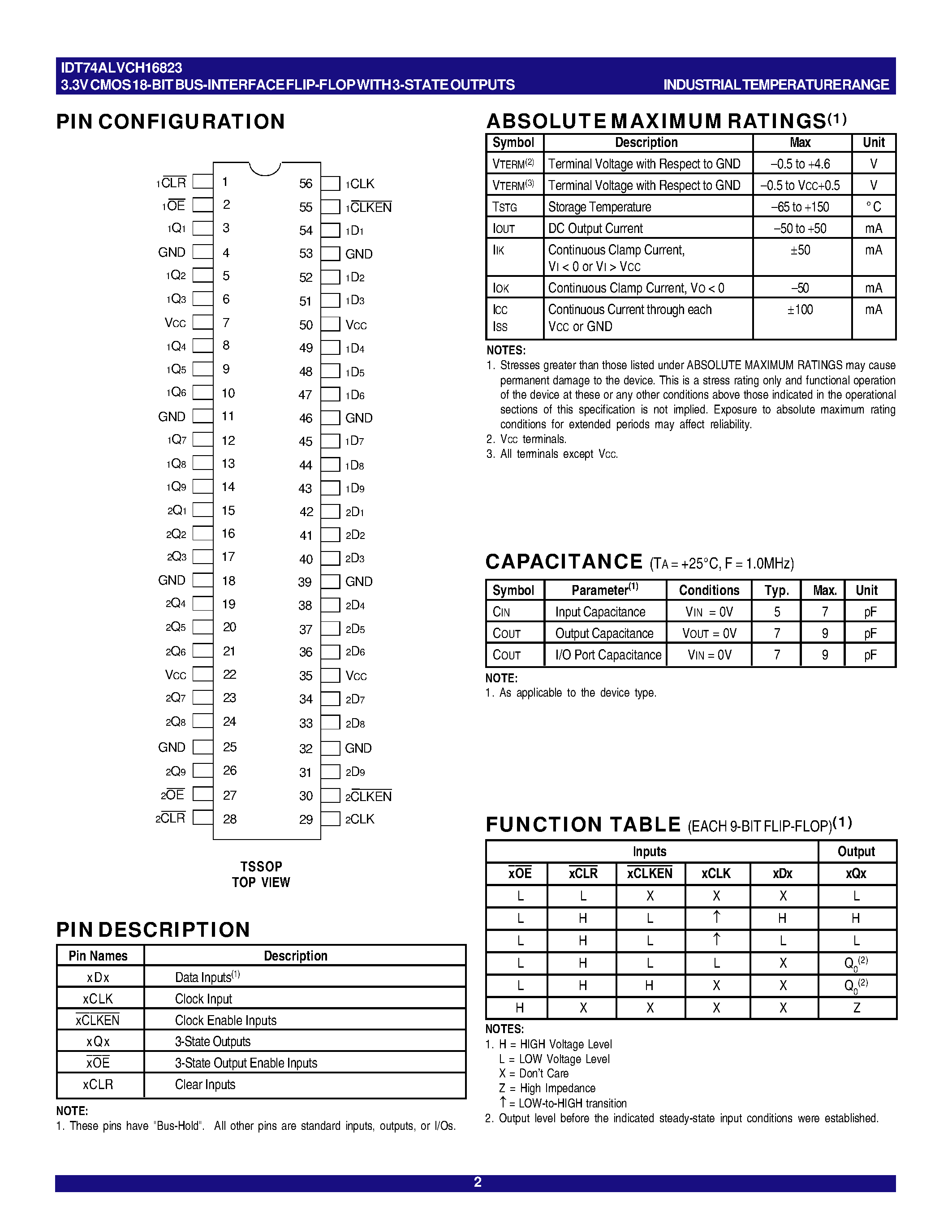 Datasheet IDT40ALVCH16823 - 3.3V CMOS 18-BIT BUS-INTERFACE FLIPFLOP page 2
