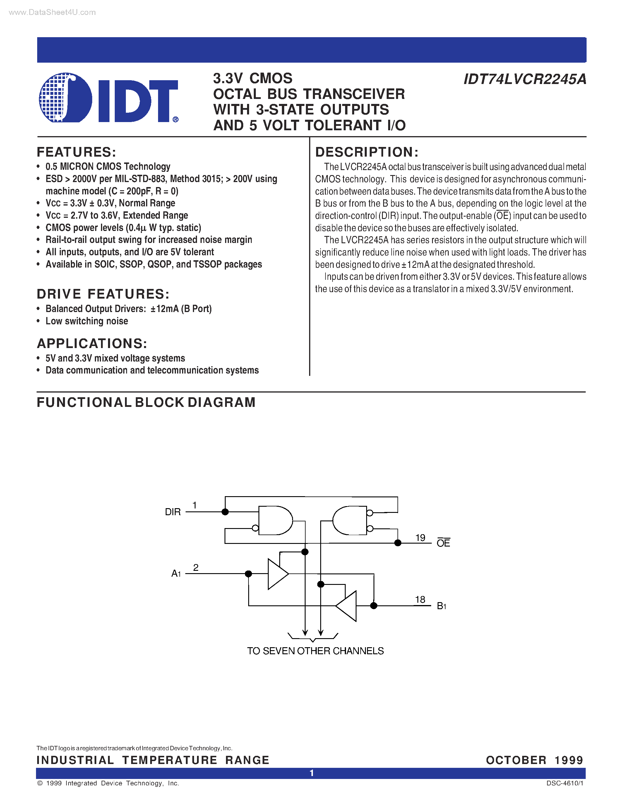 Datasheet IDT40LVCR2245A - 3.3V CMOS OCTAL BUS TRANSCEIVER page 1