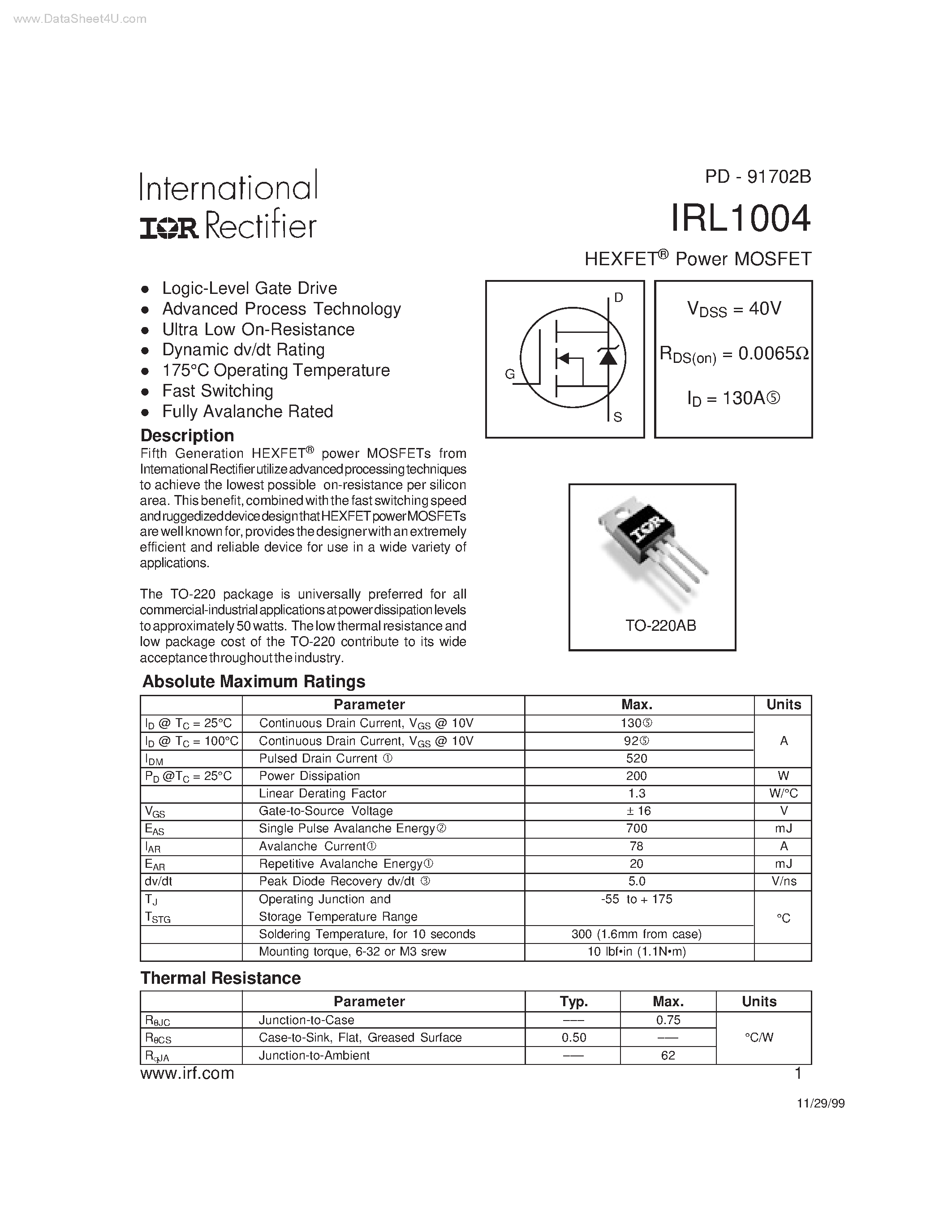 Datasheet IRL1004 - HEXFET Power MOSFET page 1