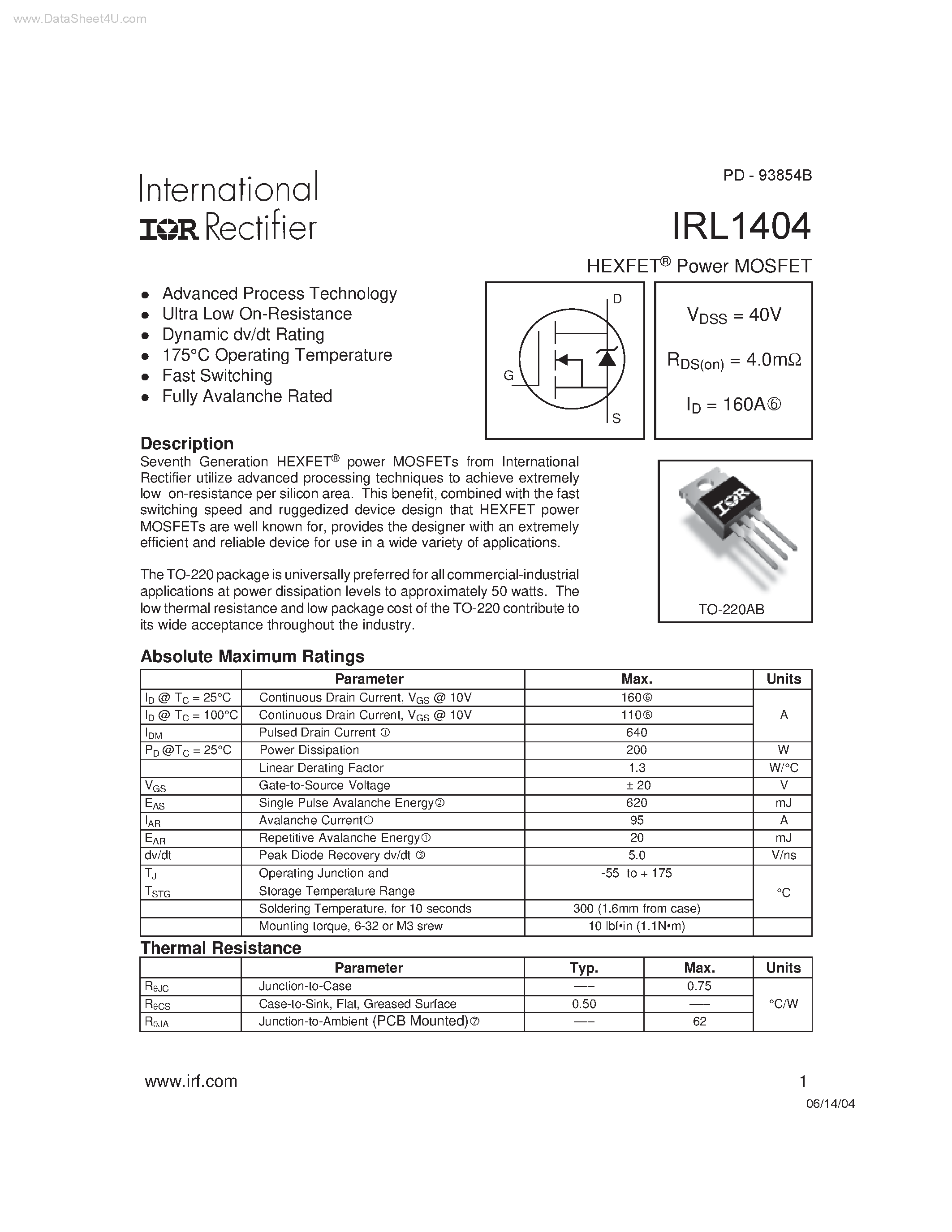 Datasheet IRL1404 - HEXFET Power MOSFET page 1