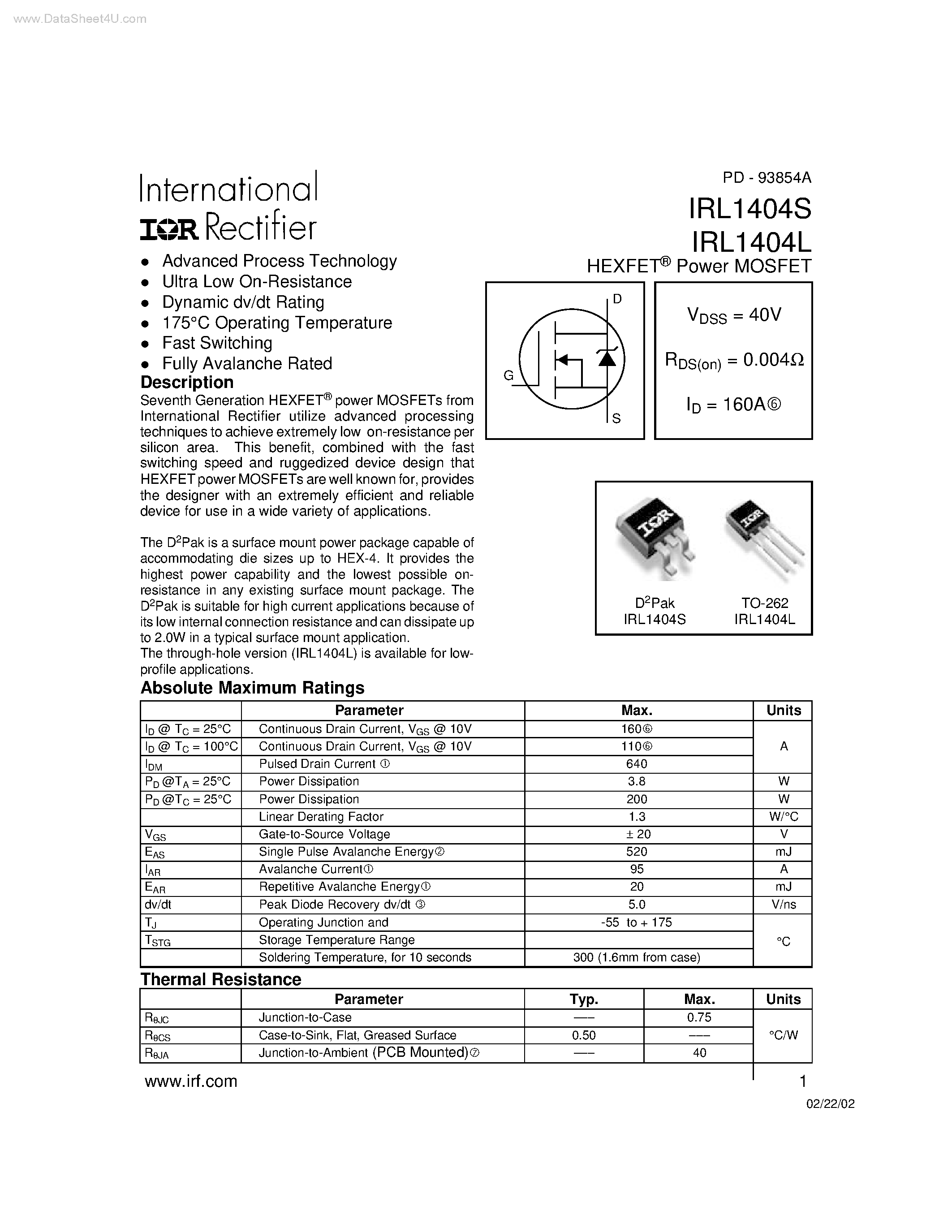 Datasheet IRL1404L - HEXFET-R Power MOSFET page 1
