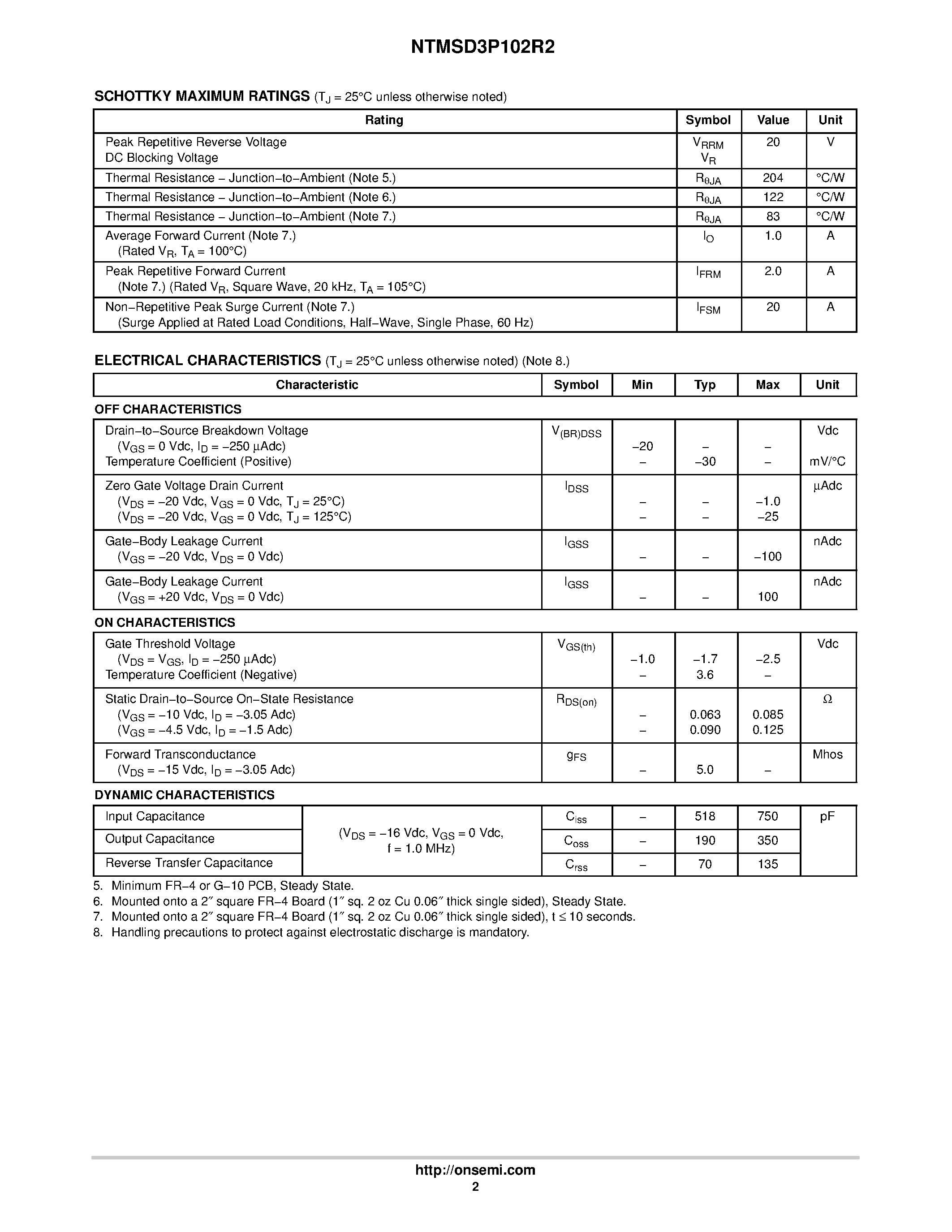 Даташит NTMSD3P102R2 - P-Channel Enhancement-Mode Power MOSFET and Schottky Diode Dual SO-8 Package страница 2