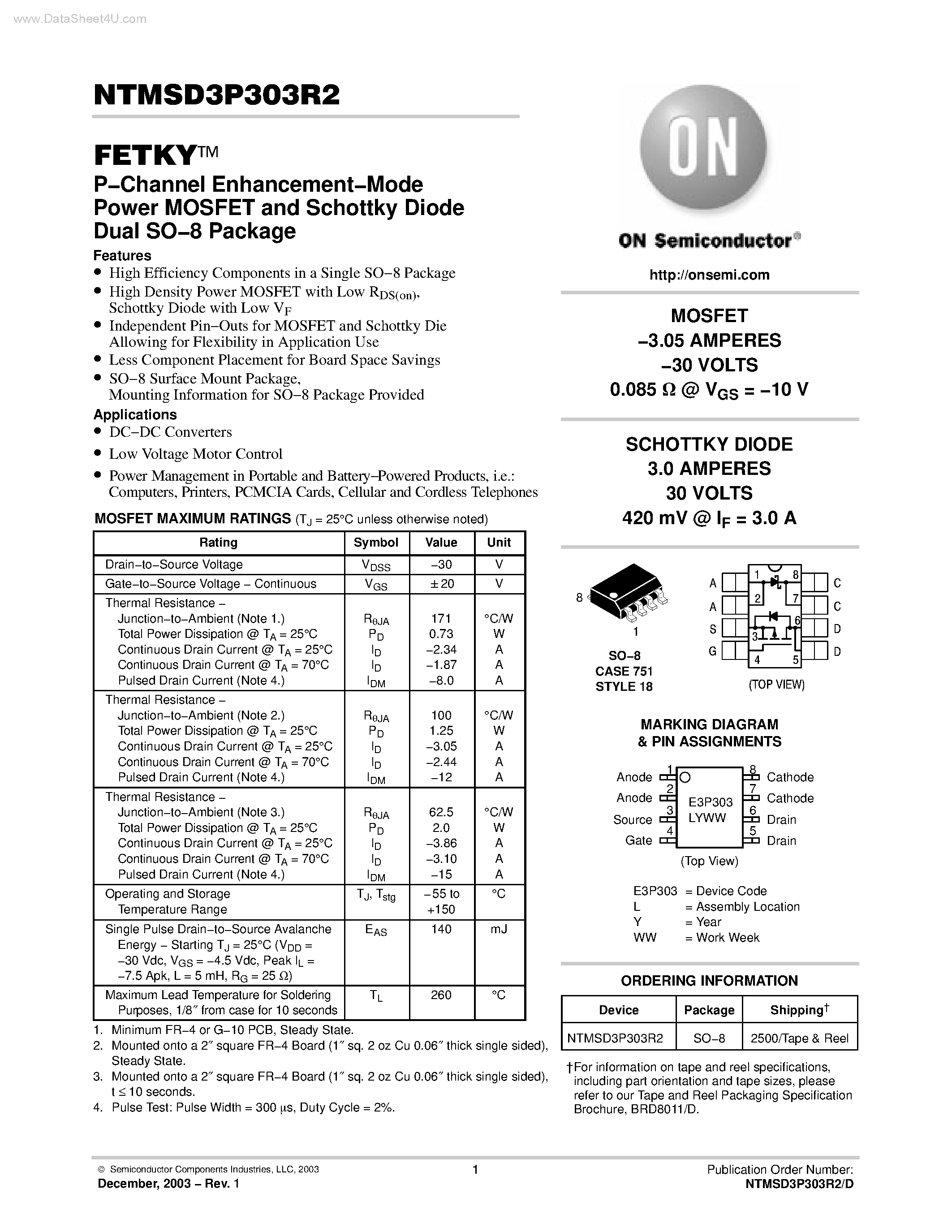 Даташит NTMSD3P303R2 - P-Channel Enhancement-Mode Power MOSFET and Schottky Diode Dual SO-8 Package страница 1