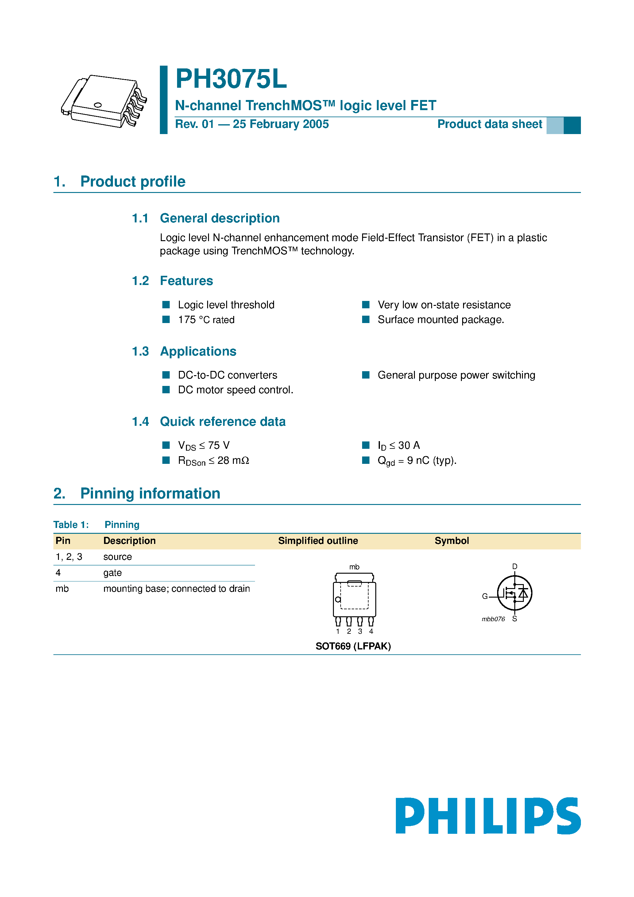 Datasheet PH3075L - N-channel TrenchMOS logic level FET page 1