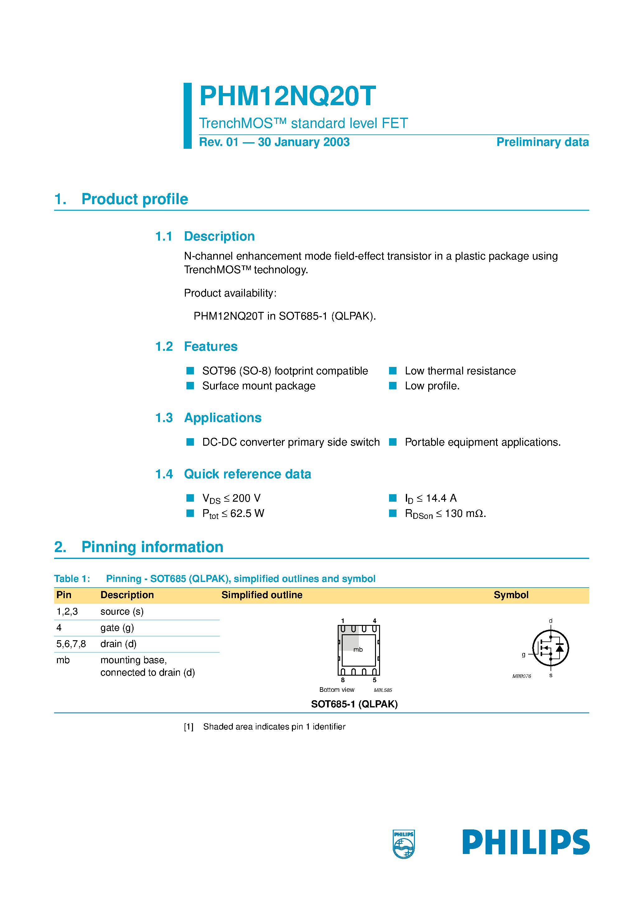 Даташит на микросхему PHM12NQ20T страница 1 Даташит PHM12NQ20T - TrenchMOS standard level FET страница 1
