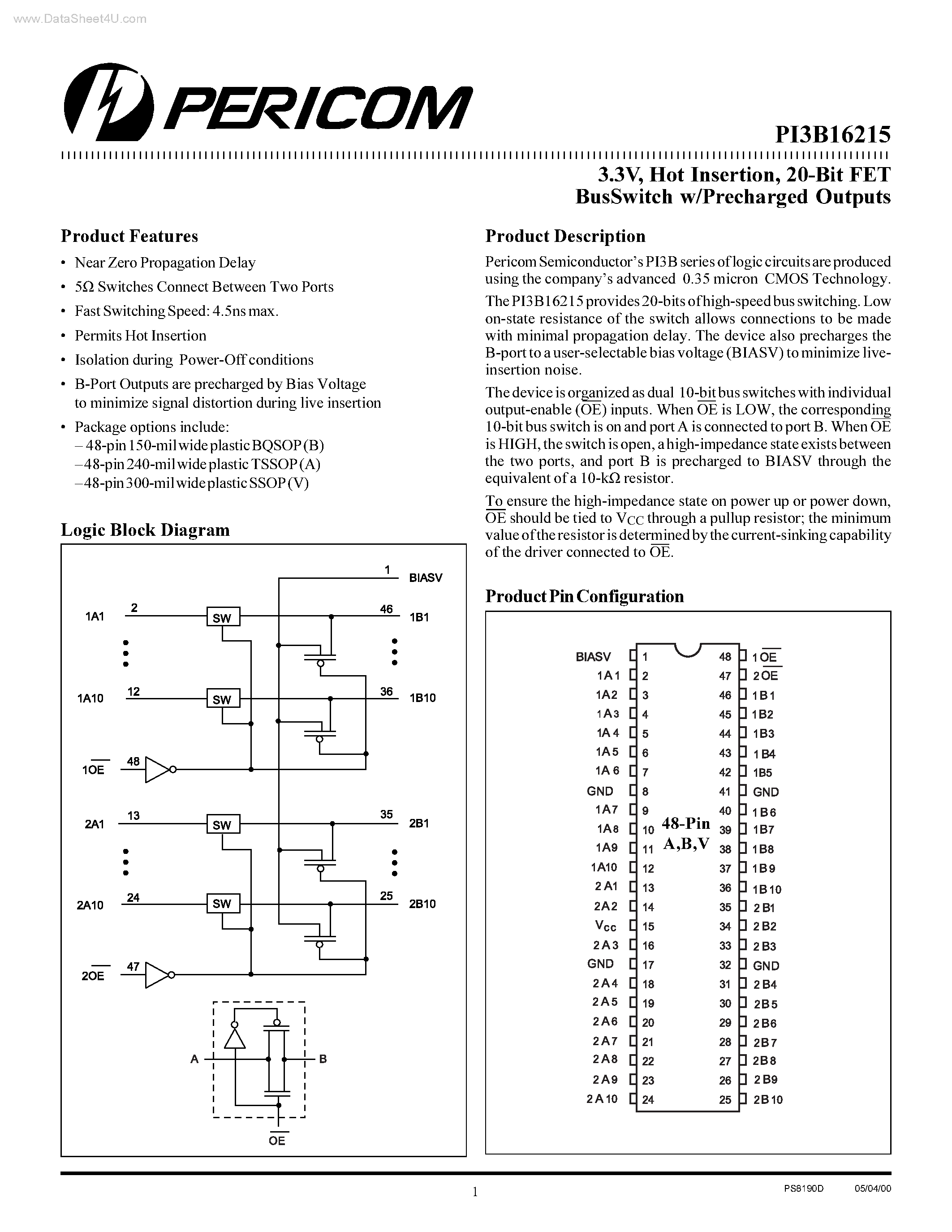 Даташит на микросхему PI3B16215 страница 1 Даташит PI3B16215 - 20-Bit FET BusSwitch w/Precharged Outputs страница 1