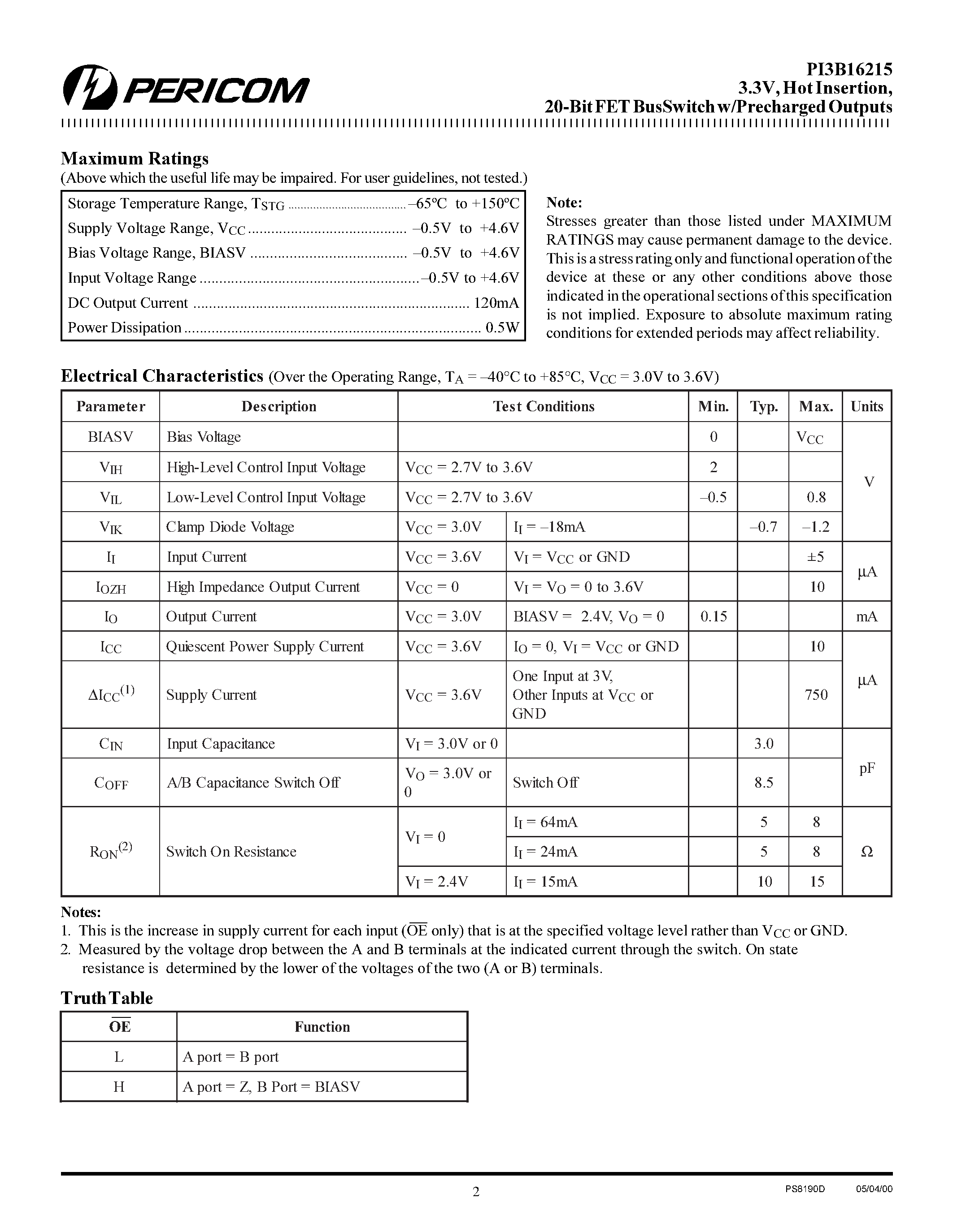 Даташит на микросхему PI3B16215 страница 2 Даташит PI3B16215 - 20-Bit FET BusSwitch w/Precharged Outputs страница 2