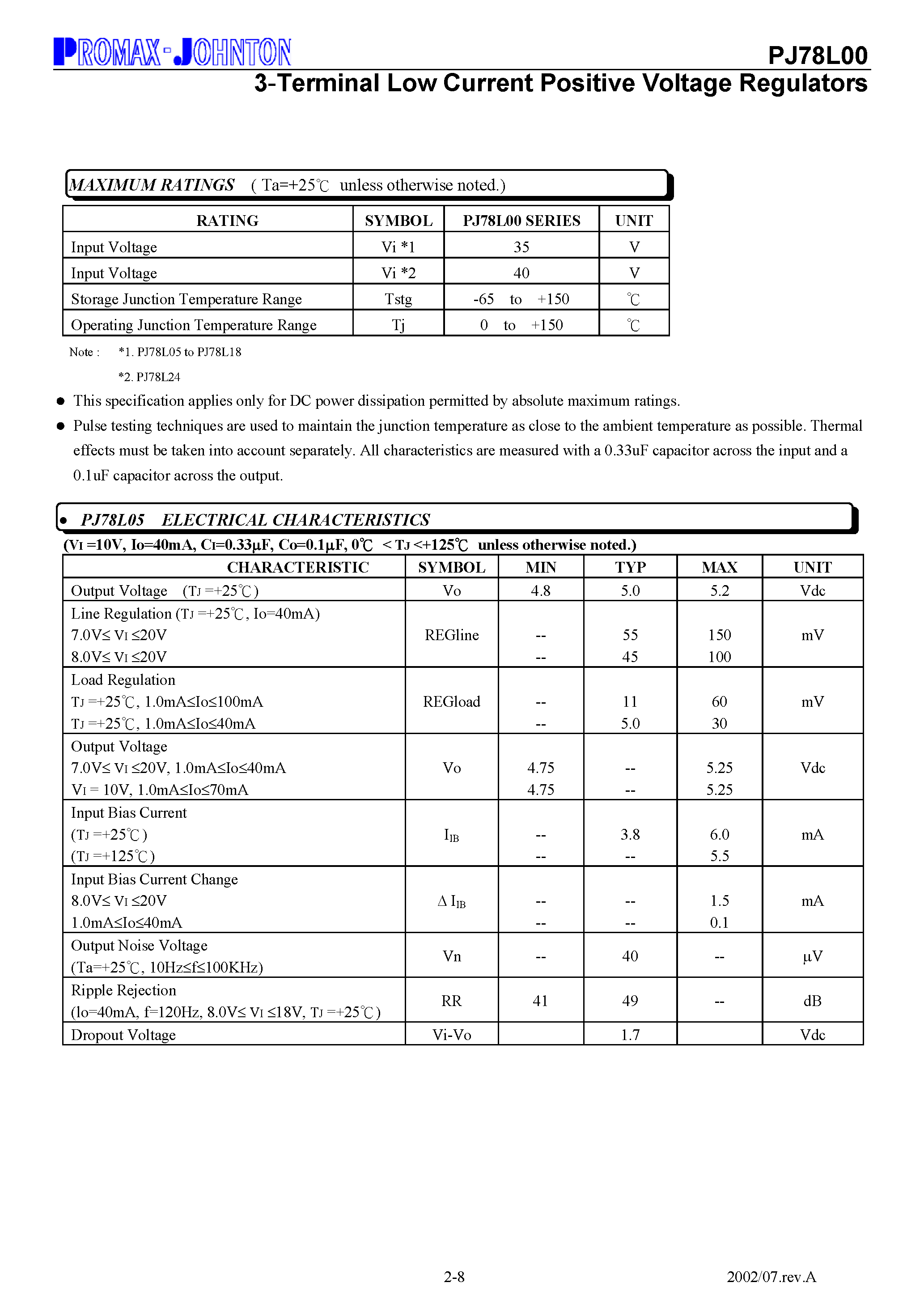 Datasheet PJ78L00 - 3-Terminal Low Current Positive Voltage Regulators page 2