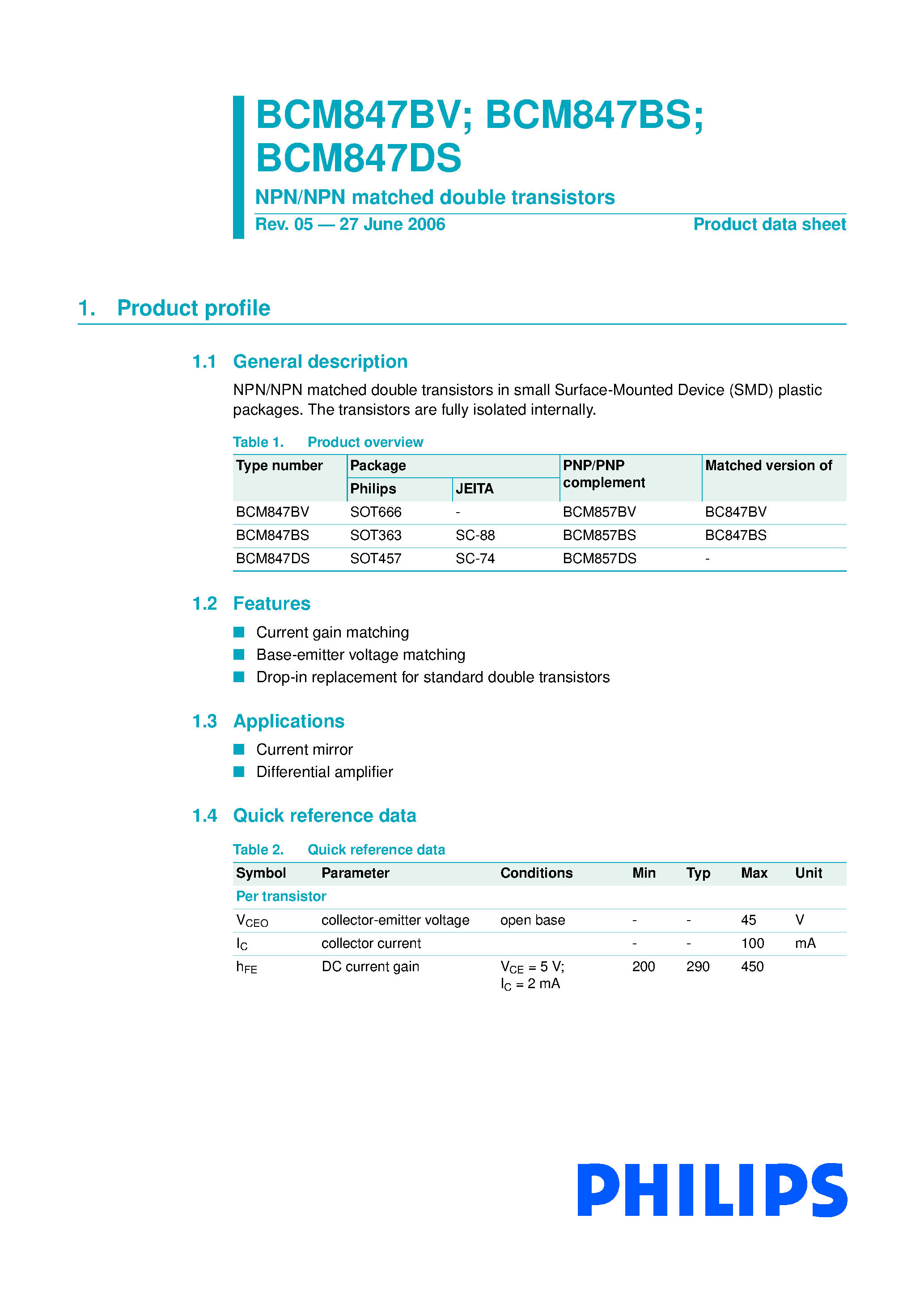 Даташит BCM847 - NPN/NPN matched double transistors страница 1