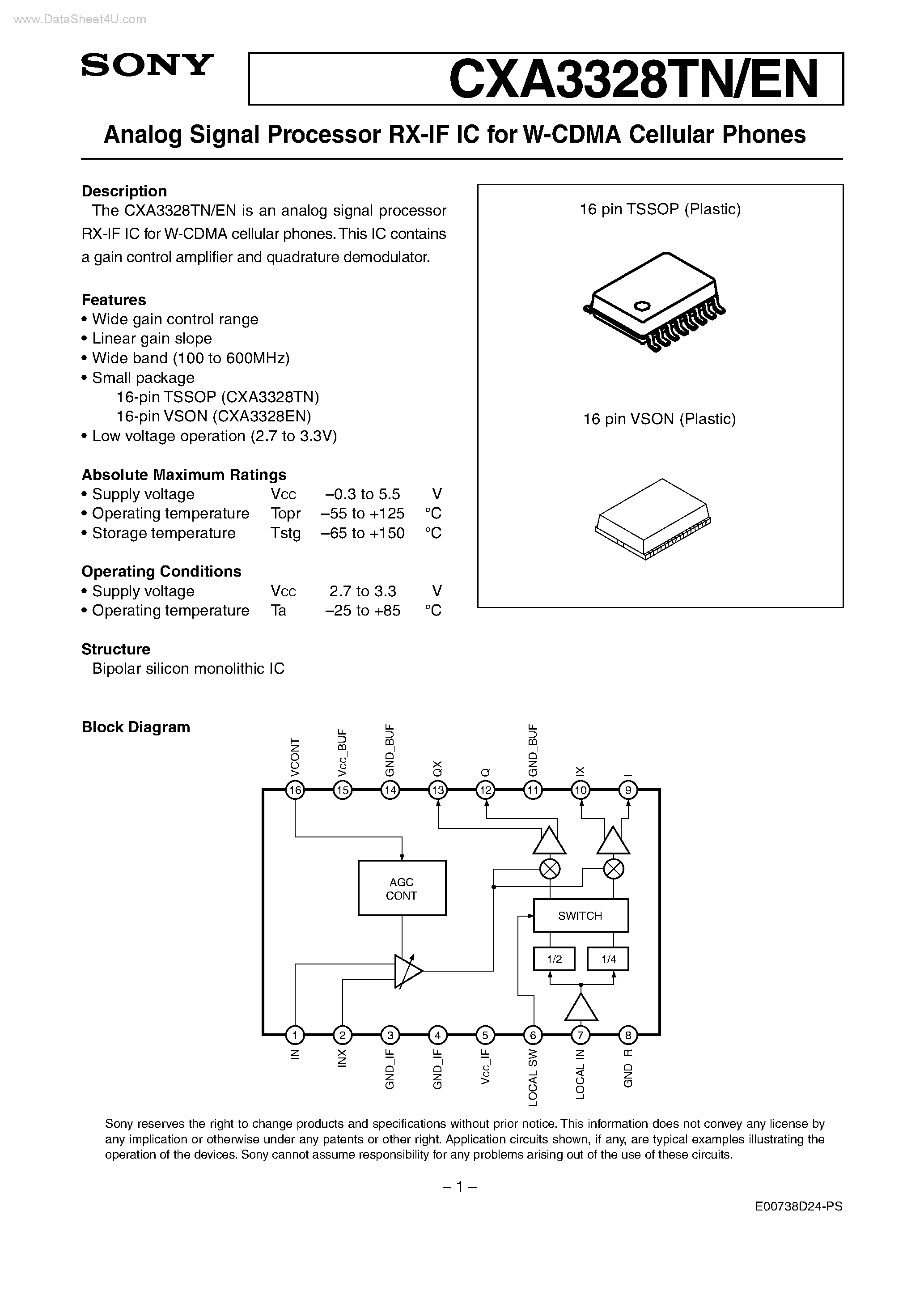 Даташит CXA3328EN - Analog Signal Processor RX-IF IC страница 1