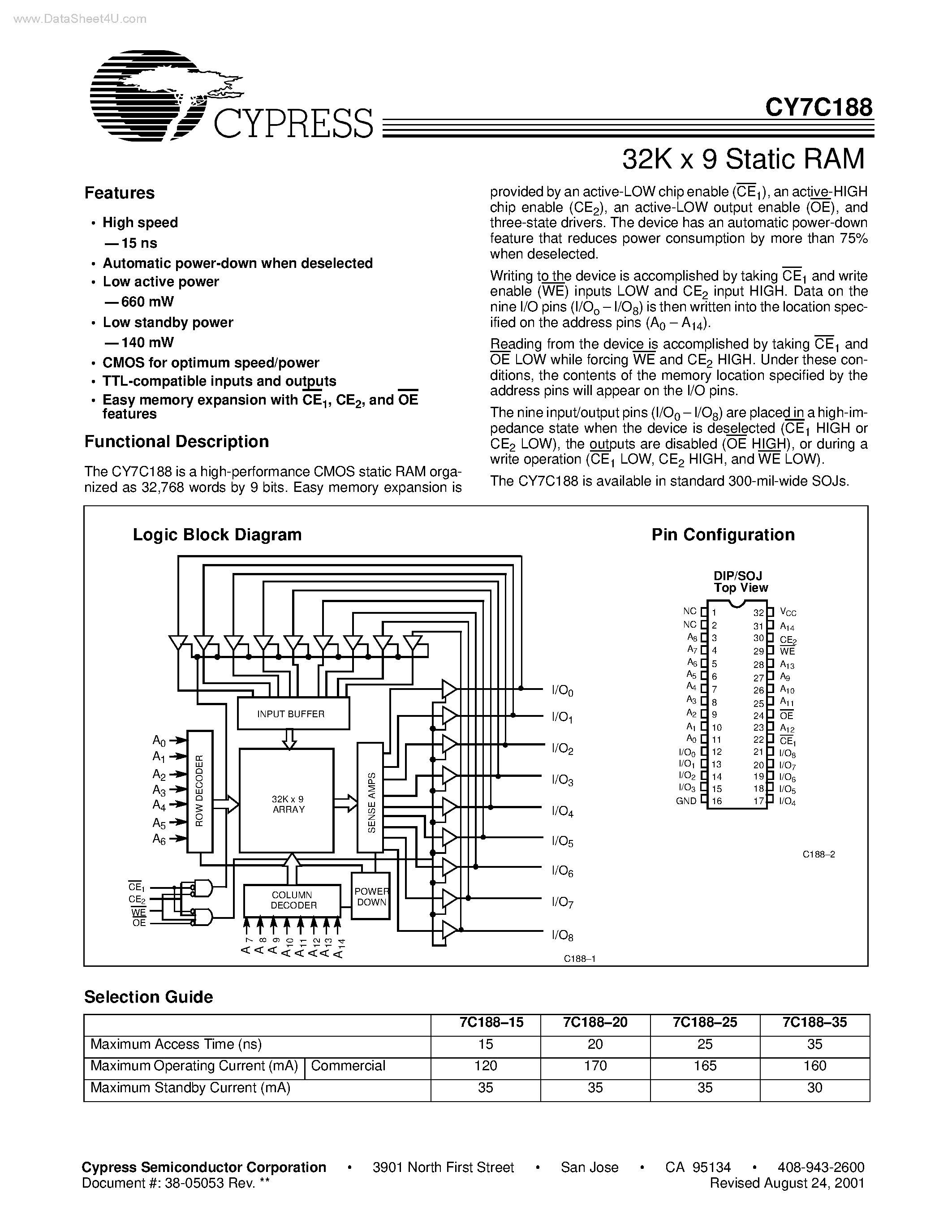 Даташит CY7C188 - 32K x 9 Static RAM страница 1