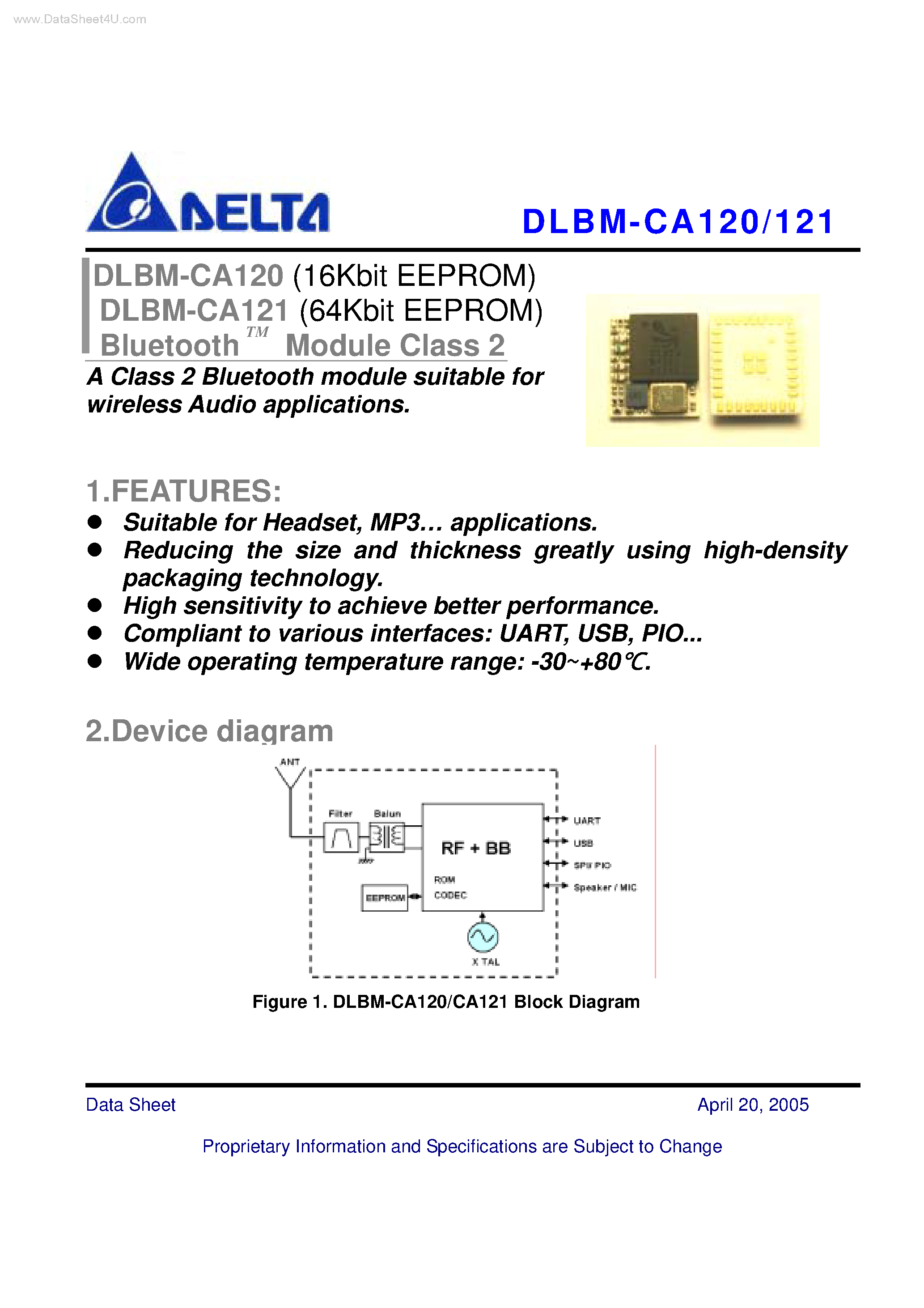 Даташит на микросхему DLBM-CA120 страница 1 Даташит DLBM-CA120 - (DLBM-CA120 / DLBM-CA121) A Class 2 Bluetooth module suitable страница 1