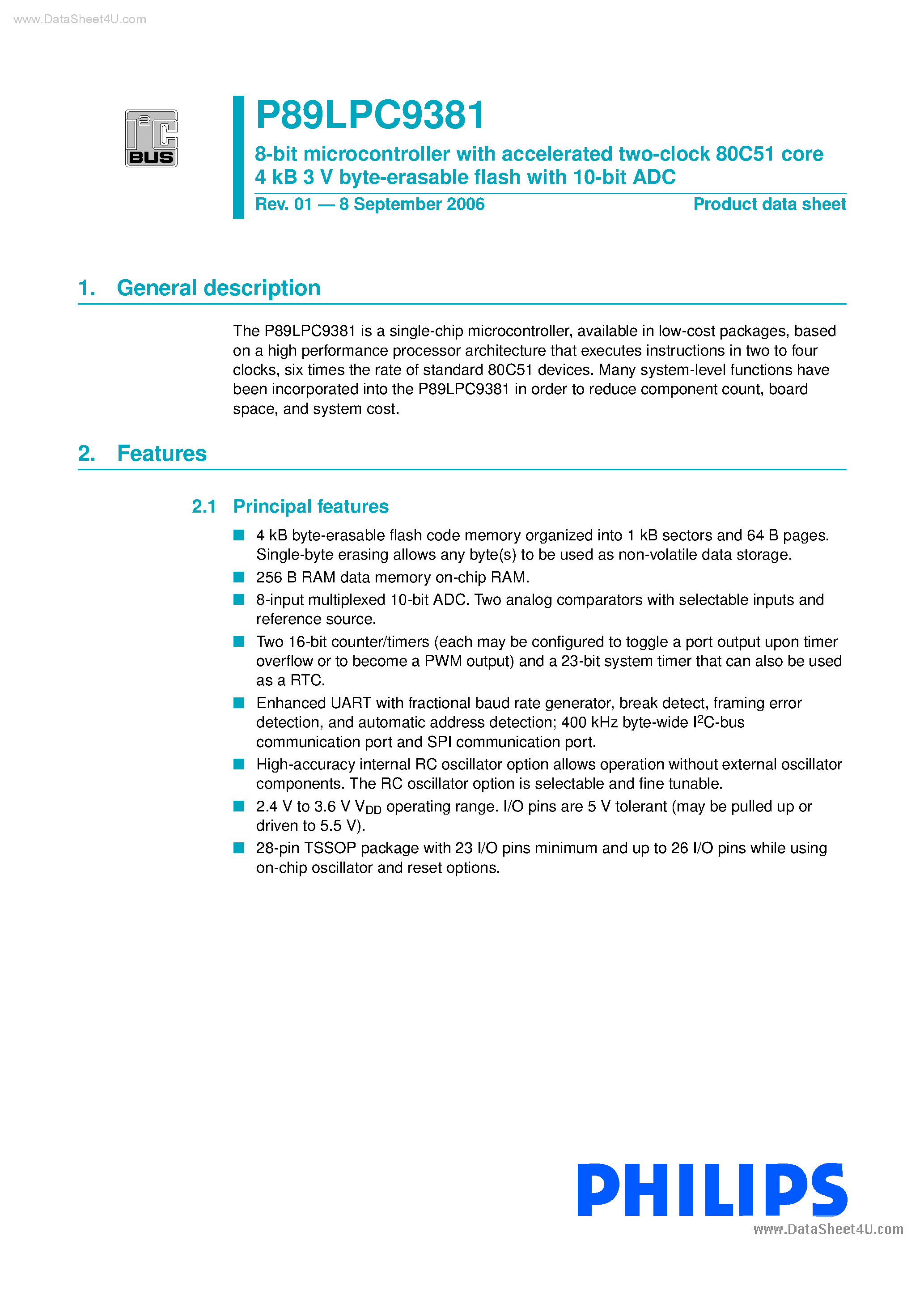 Datasheet P89LPC9381 page 1 Datasheet P89LPC9381 - 8-bit microcontroller page 1