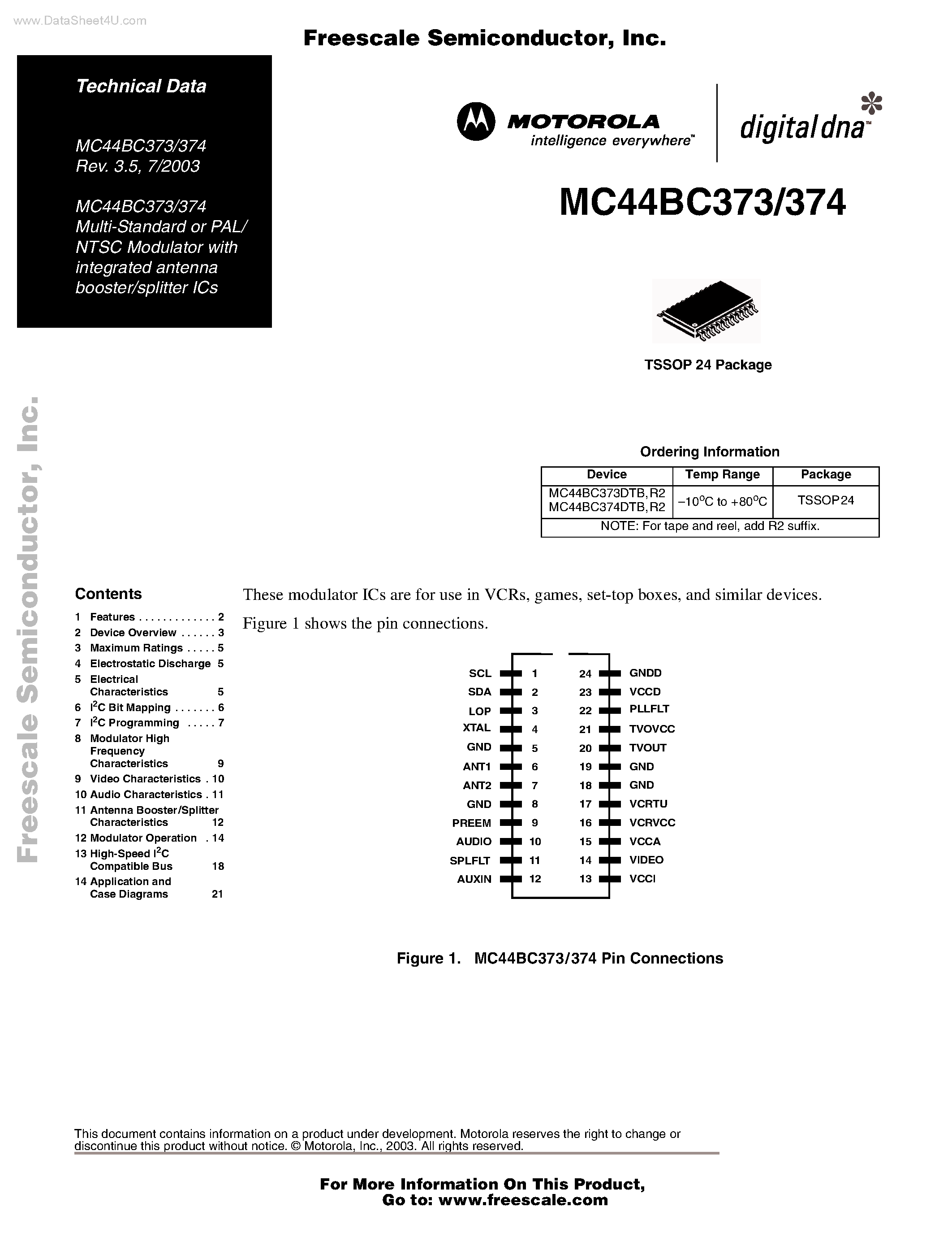 Даташит MC44BC373 - (MC44BC373 / MC44BC374) Multi-Standard or PAL/ NTSC Modulator страница 1