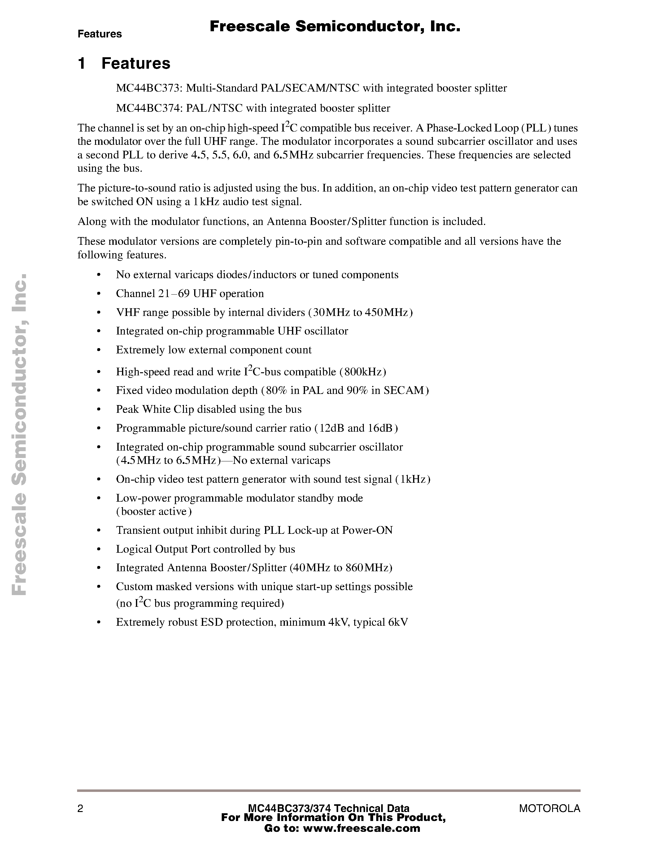 Даташит на микросхему MC44BC373 страница 2 Даташит MC44BC373 - (MC44BC373 / MC44BC374) Multi-Standard or PAL/ NTSC Modulator страница 2