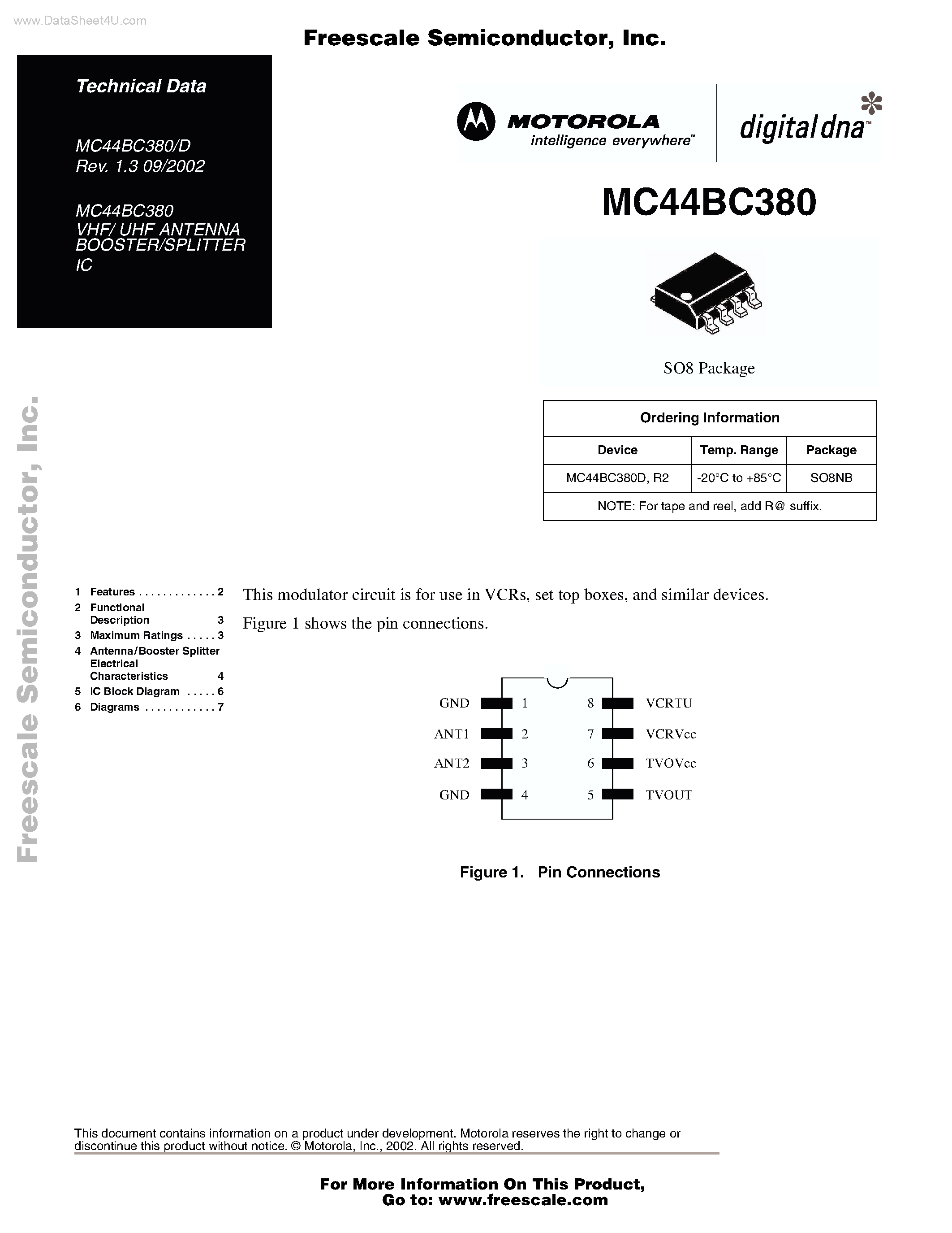 Даташит на микросхему MC44BC380 страница 1 Даташит MC44BC380 - VHF/ UHF ANTENNA BOOSTER/SPLITTER IC страница 1