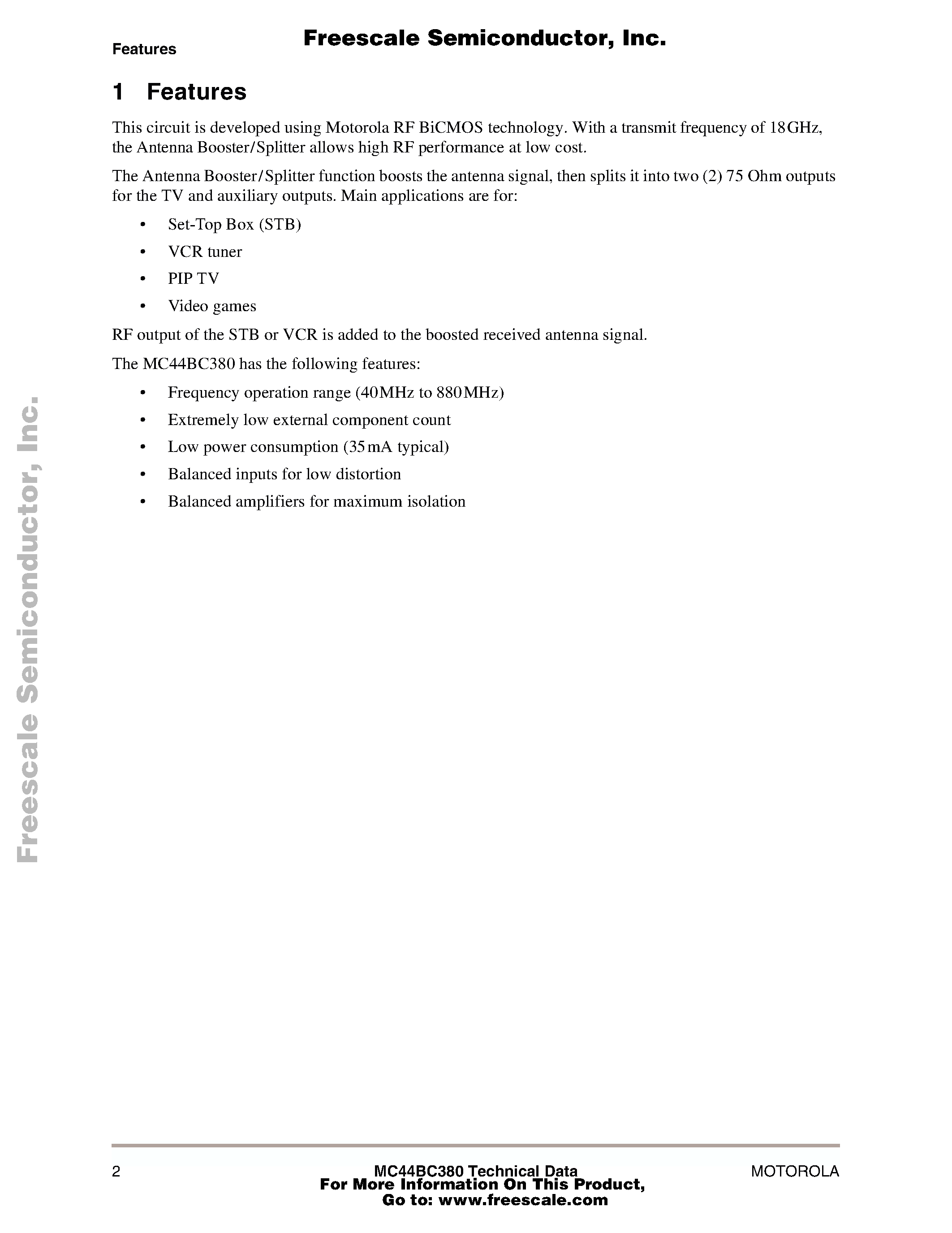 Даташит на микросхему MC44BC380 страница 2 Даташит MC44BC380 - VHF/ UHF ANTENNA BOOSTER/SPLITTER IC страница 2