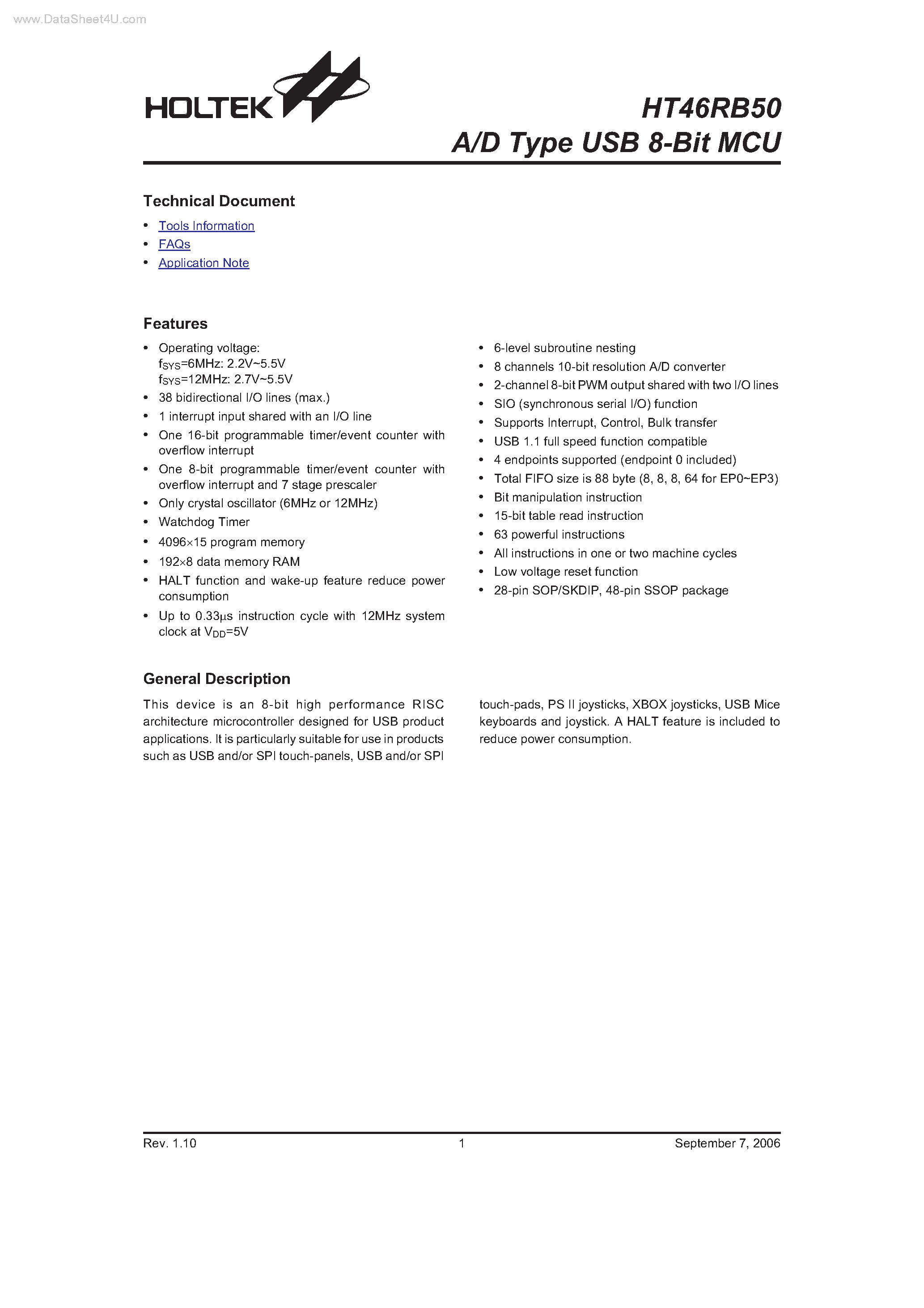 Даташит на микросхему HT46RB50 страница 1 Даташит HT46RB50 - A/D Type USB 8-Bit MCU страница 1