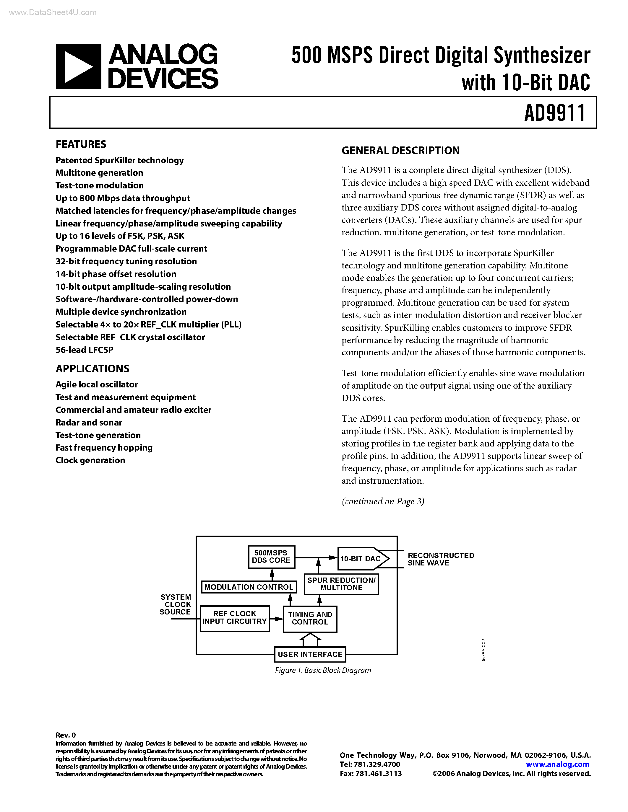 Datasheet AD9911 page 1 Datasheet AD9911 - 500 MSPS Direct Digital Synthesizer page 1