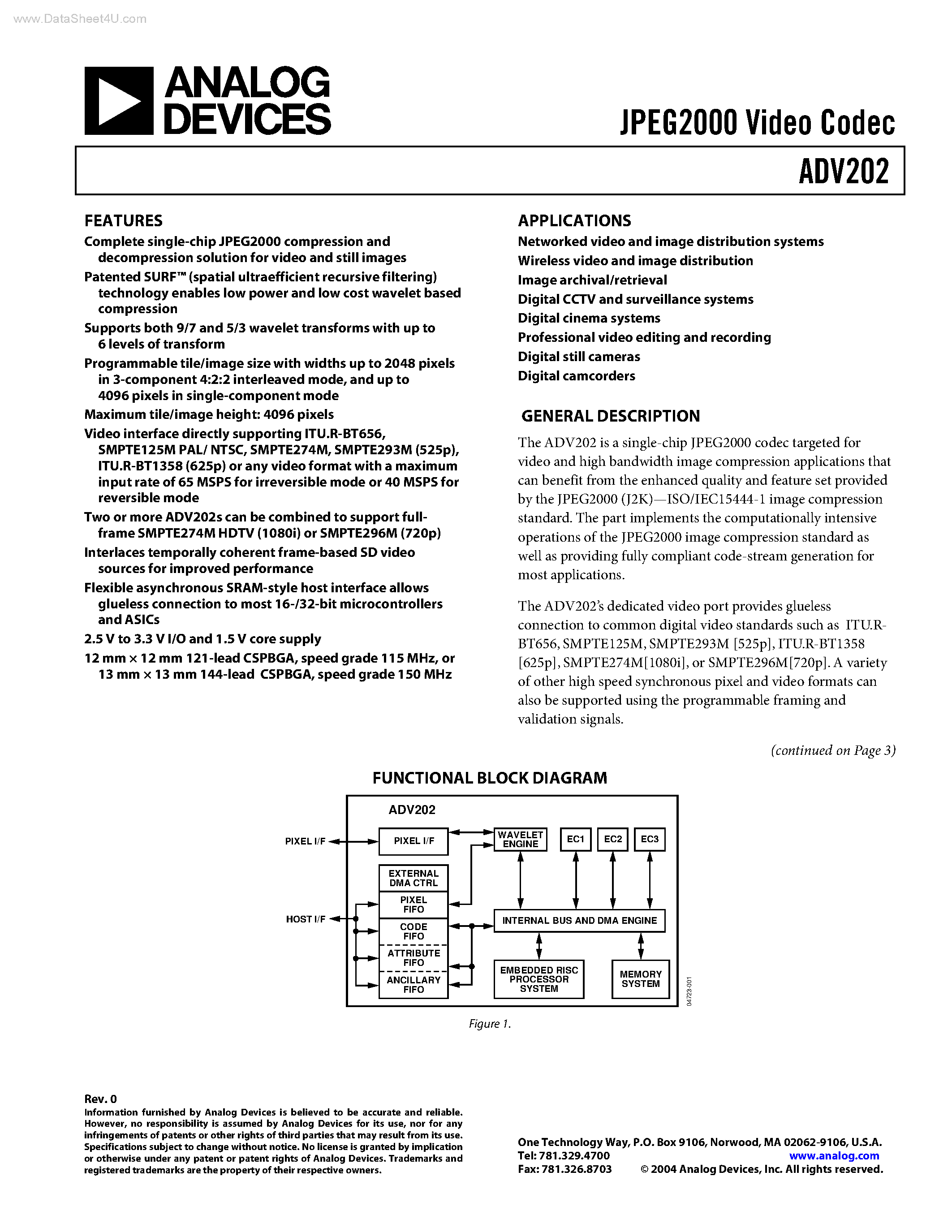 Datasheet ADV202 page 1 Datasheet ADV202 - Video Codec page 1