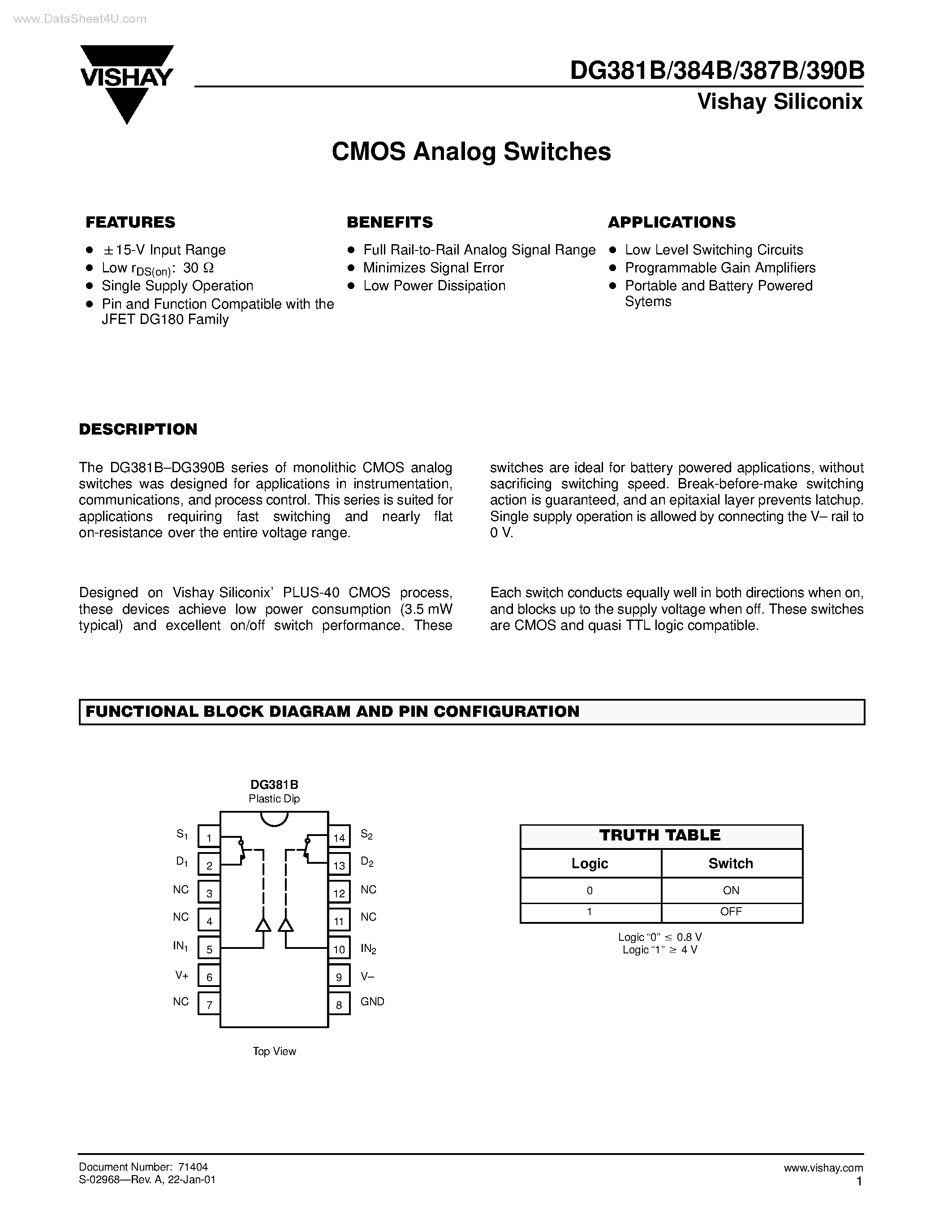 Даташит DG381B - (DG381B - DG390B) CMOS Analog Switches страница 1