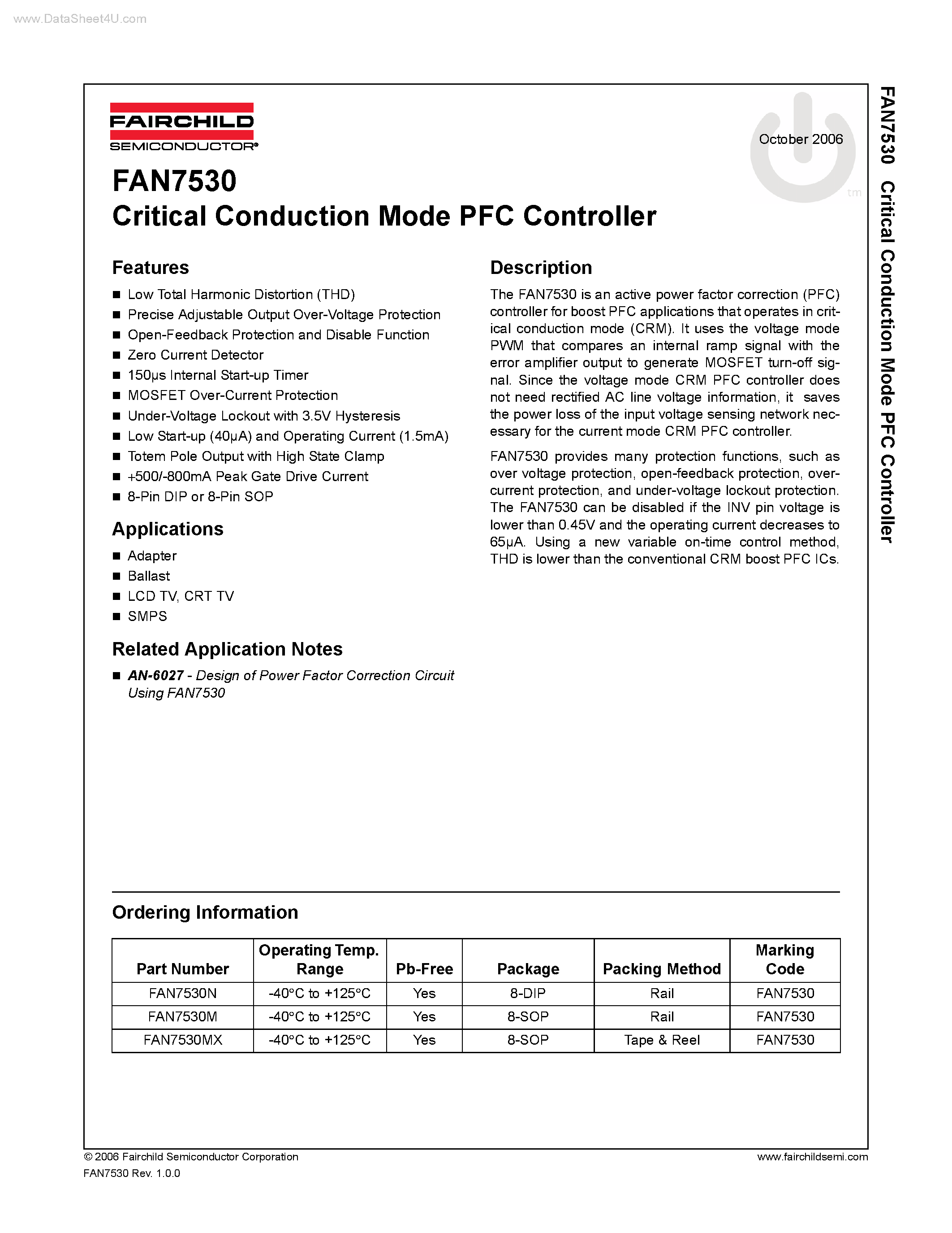 Даташит на микросхему FAN7530 страница 1 Даташит FAN7530 - Critical Conduction Mode PFC Controller страница 1