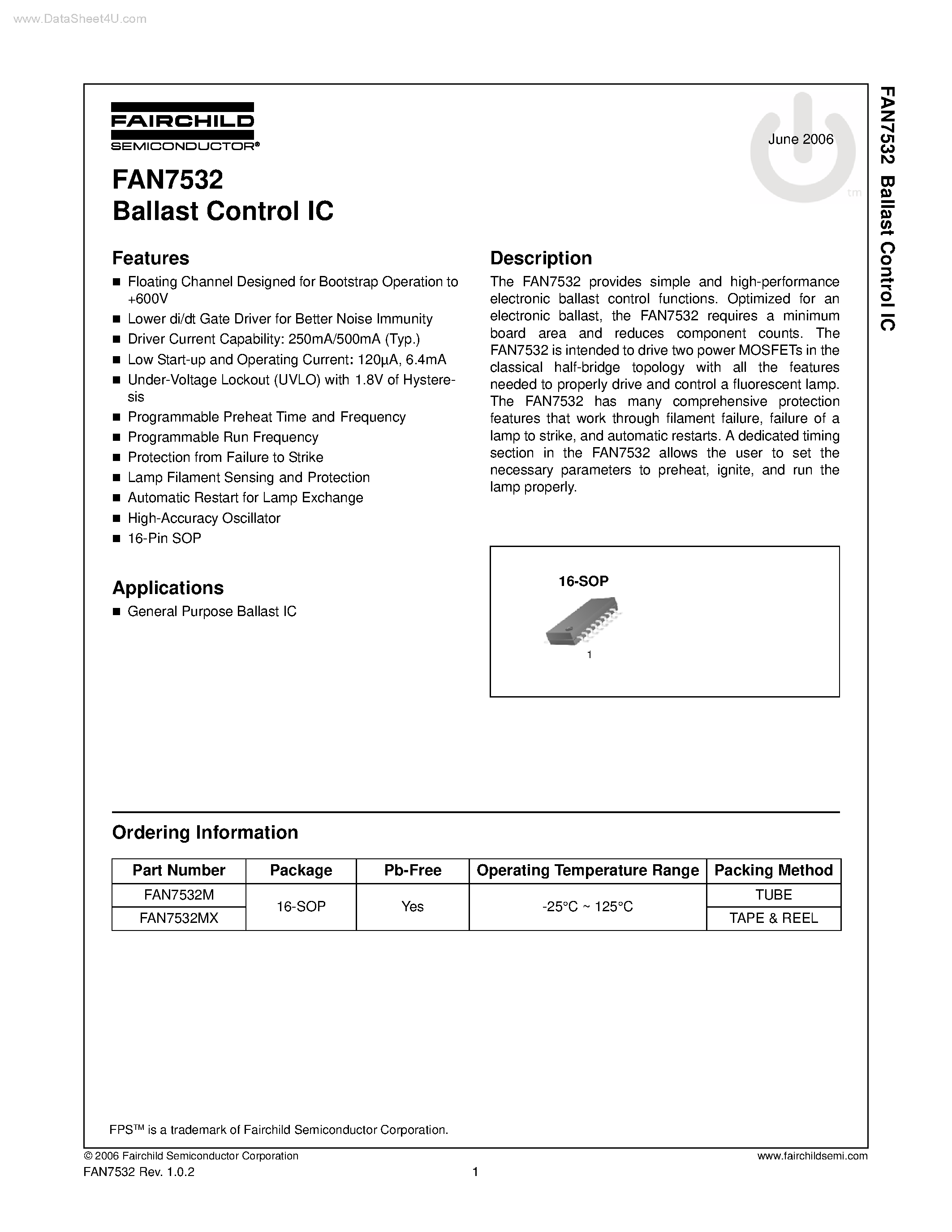 Даташит FAN7532 - Ballast Control IC страница 1