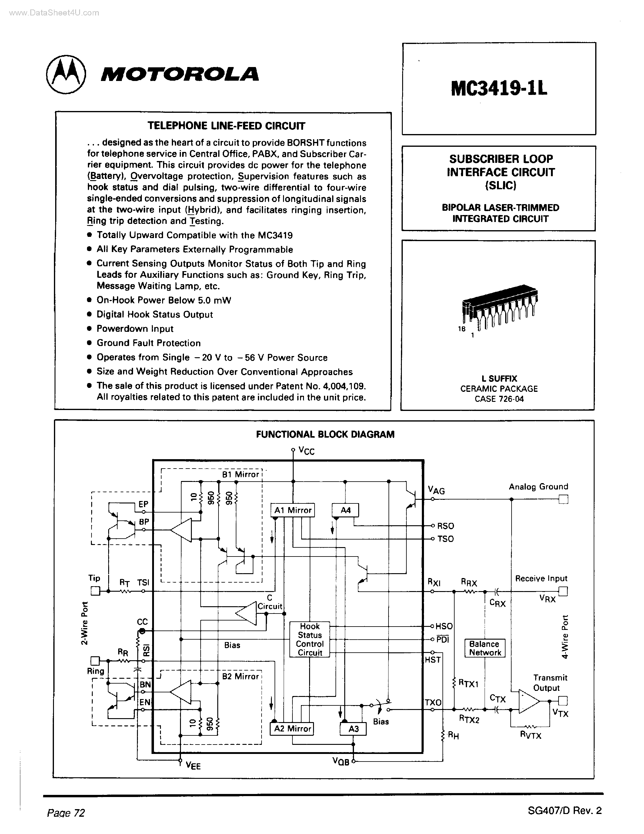 Datasheet MC3419-1L - SUBSCRIBER LOOP INTERFACE CIRCUIT page 1