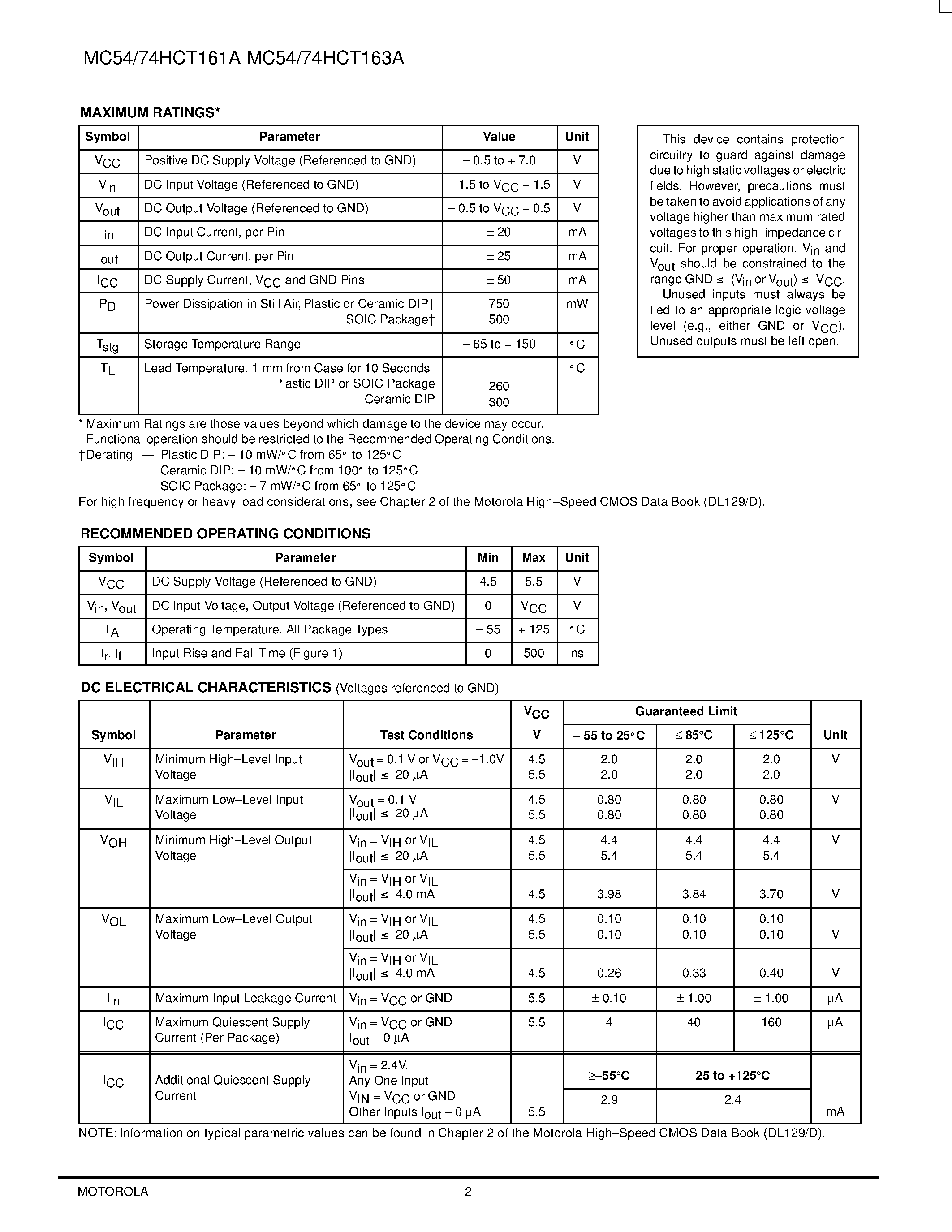 Datasheet MC54HCT161A page 2 Datasheet MC54HCT161A - (MC54HCT161A / MC54HCT163A) PRESETTABLE COUNTERS HIGH-PERFORMANCE SILICON-GATE CMOS page 2
